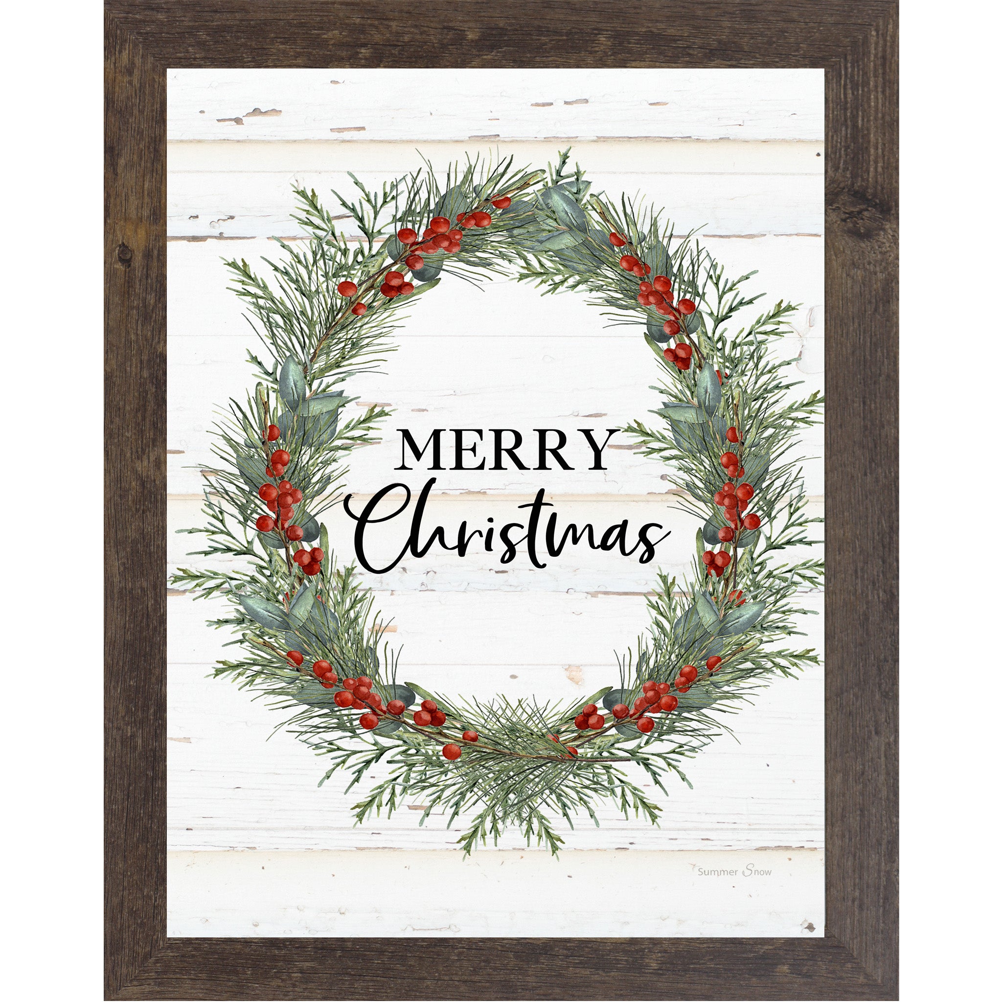 Merry Christmas Wreath Framed Wall Art – Vertical Christmas Decor with Green & Red Wreath | SS93