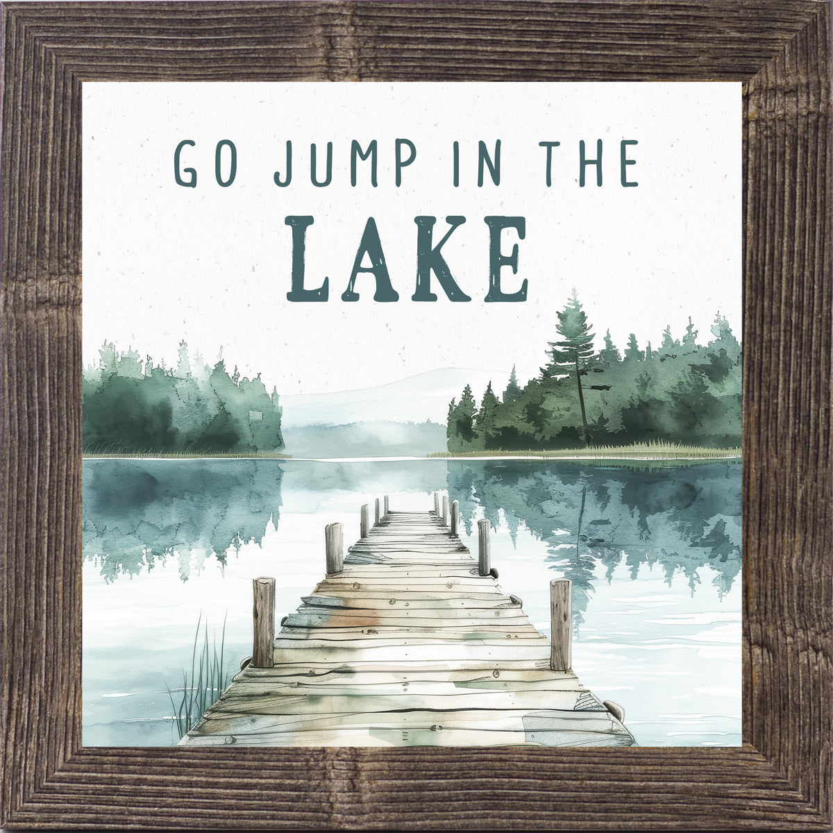 Framed watercolor lake art with the quote “Go Jump in the Lake” – soft blue and green tones with a peaceful shoreline