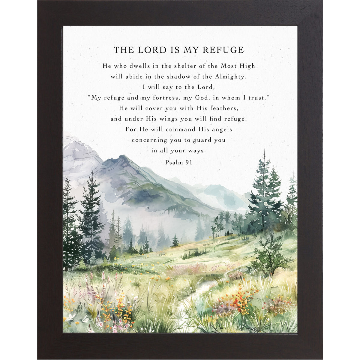 Framed Psalm 91 wall art with watercolor path, pine trees, mountains, and the quote “The Lord is my refuge”