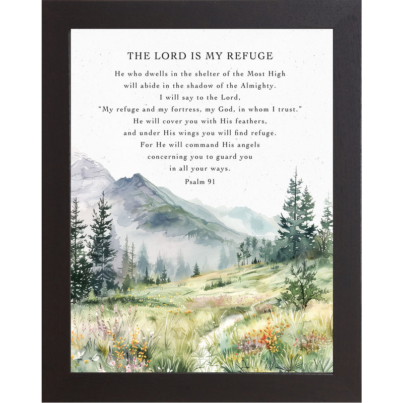 Framed Psalm 91 wall art with watercolor path, pine trees, mountains, and the quote “The Lord is my refuge”