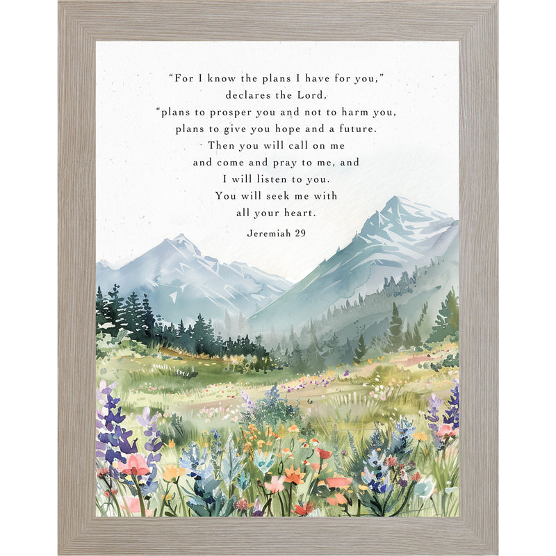 Framed Christian wall art with watercolor mountains, flower field, and Jeremiah 29:11 quote “For I Know the Plans I Have for You”