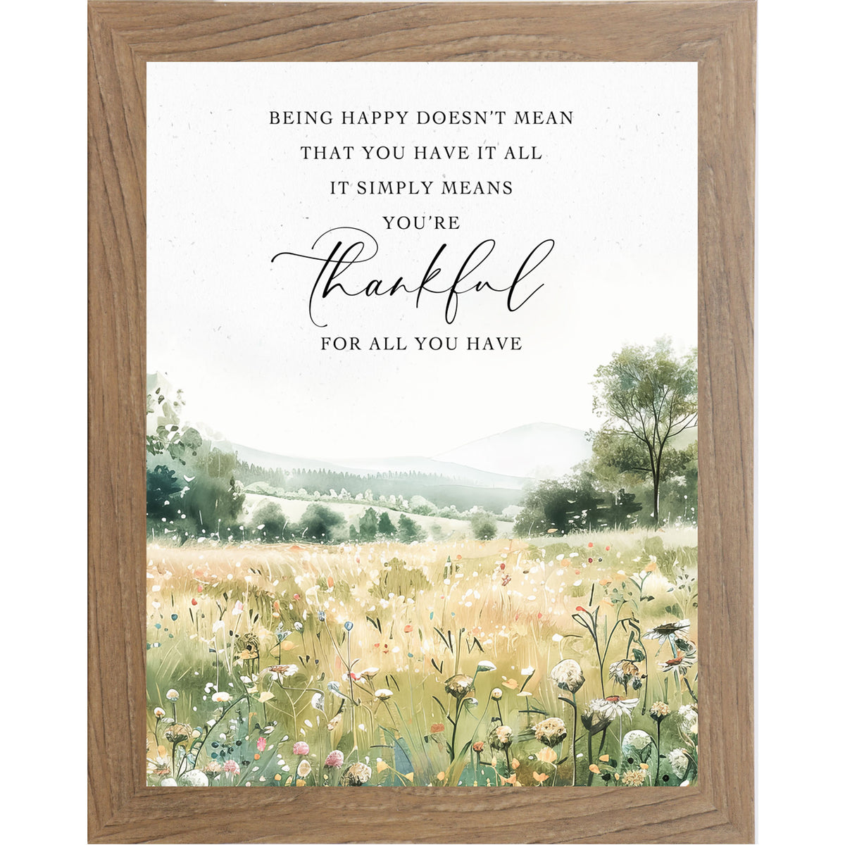 Framed watercolor wall art with field of spring flowers, green hills, and quote about being happy and grateful