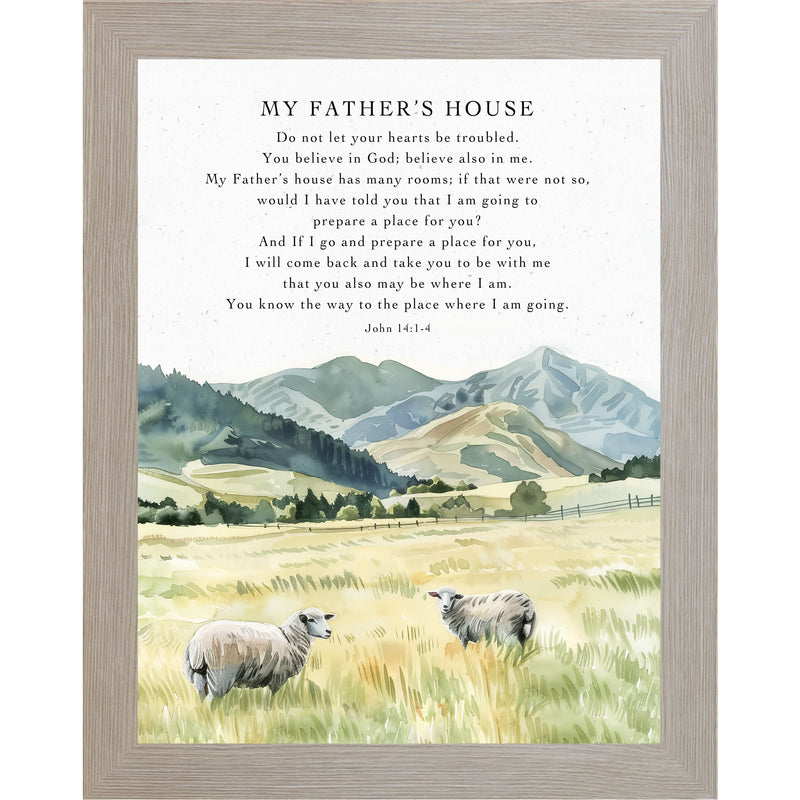 Framed Christian wall art with sheep in a field, mountains, and John 14:1–4 verse “In My Father’s House”