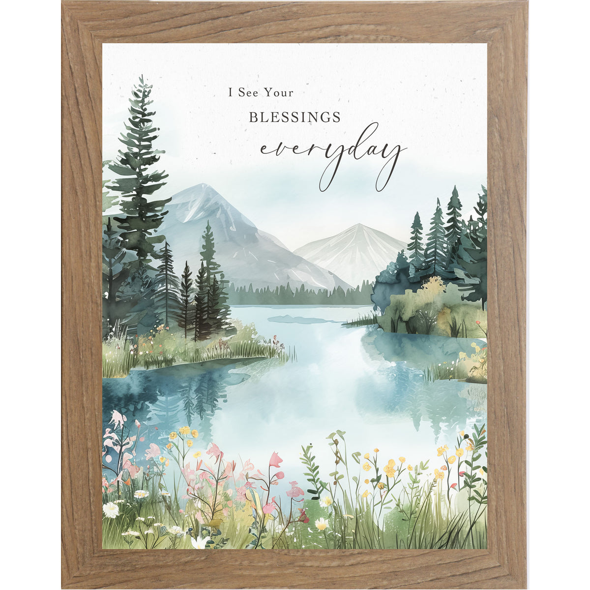 Framed spring watercolor wall art with flowers by a lake, trees, mountains, and the quote “I See Your Blessings Every Day”