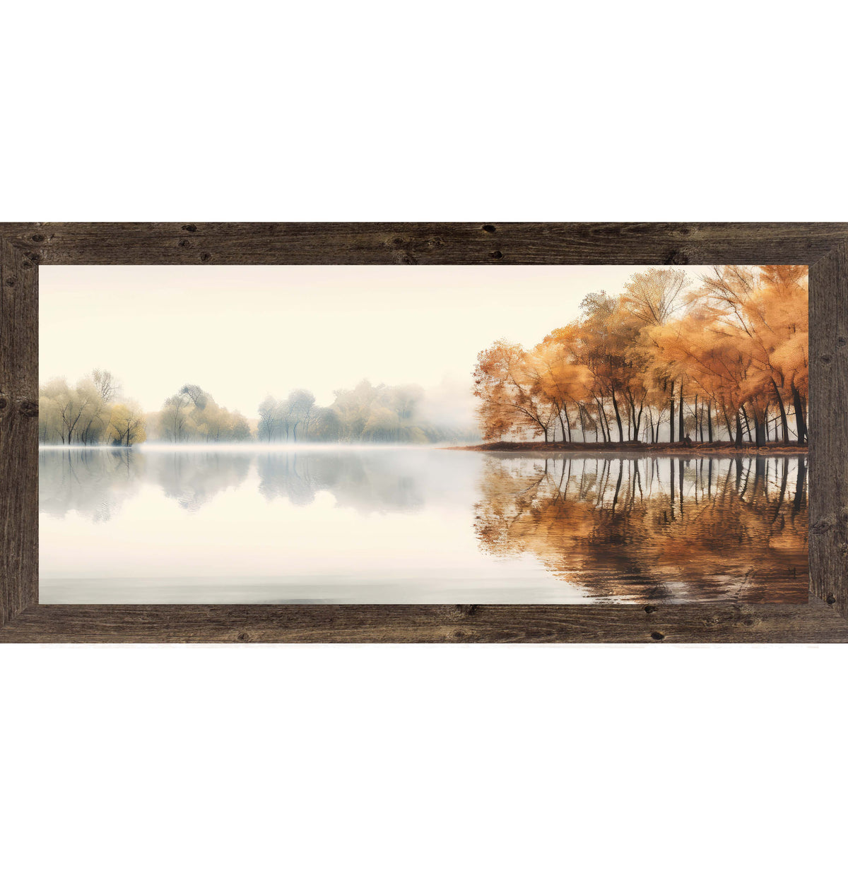Fall wall art with orange trees reflecting in a still lake – titled “Autumn’s Mirror” in a low-profile 14x8 format
