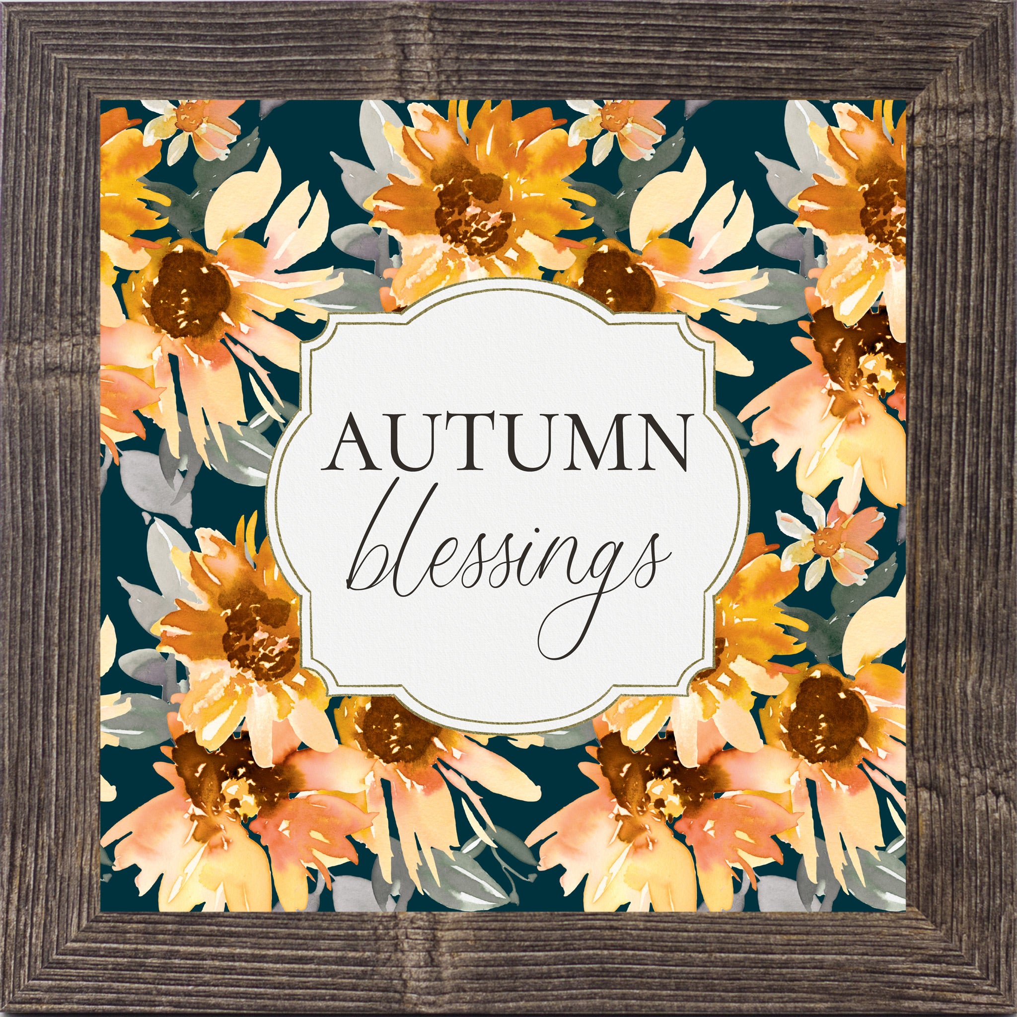 Natural brown framed square fall wall art featuring watercolor sunflowers in gold orange and peach on deep navy teal background with the words "Autumn Blessings" — SB307