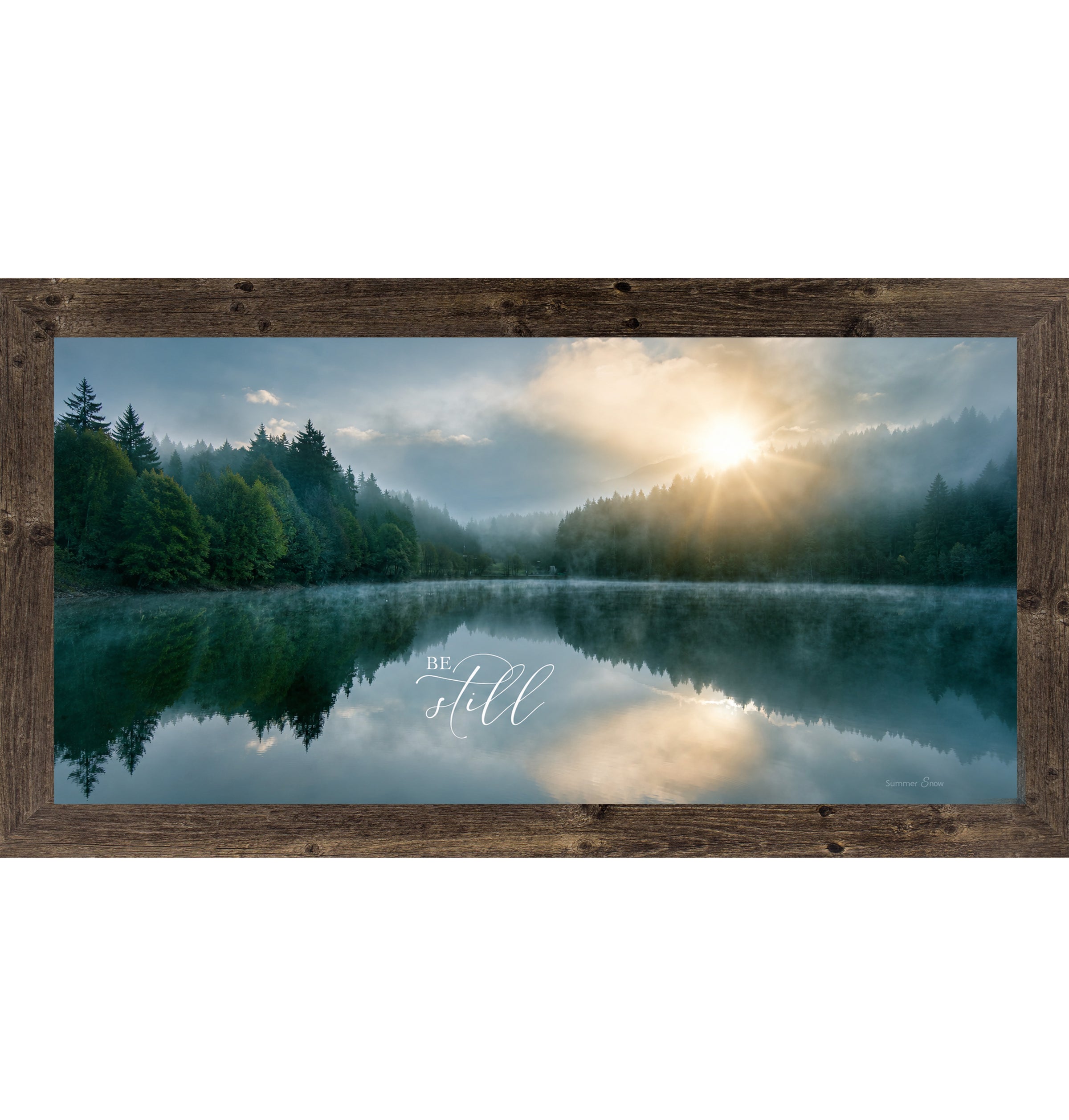 Natural Brown framed wide landscape Christian scripture wall art featuring misty lake sunrise with pine forest reflection and golden sun with the words Be Still — SB765