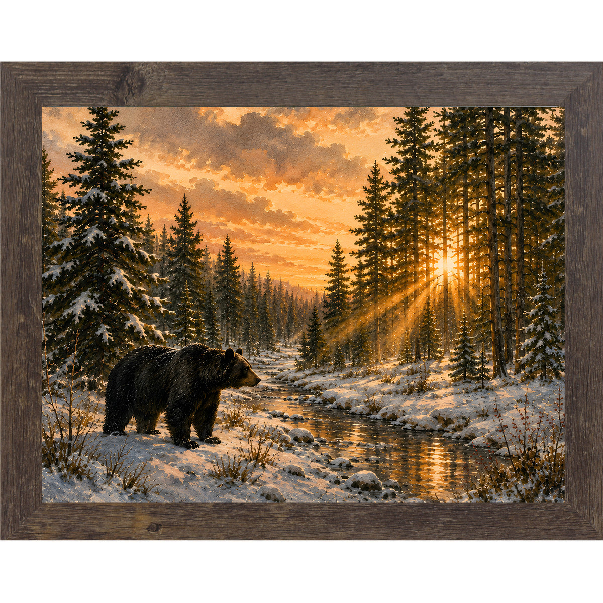 Natural brown framed landscape wall art featuring a black bear walking along a sunlit forest creek at golden hour