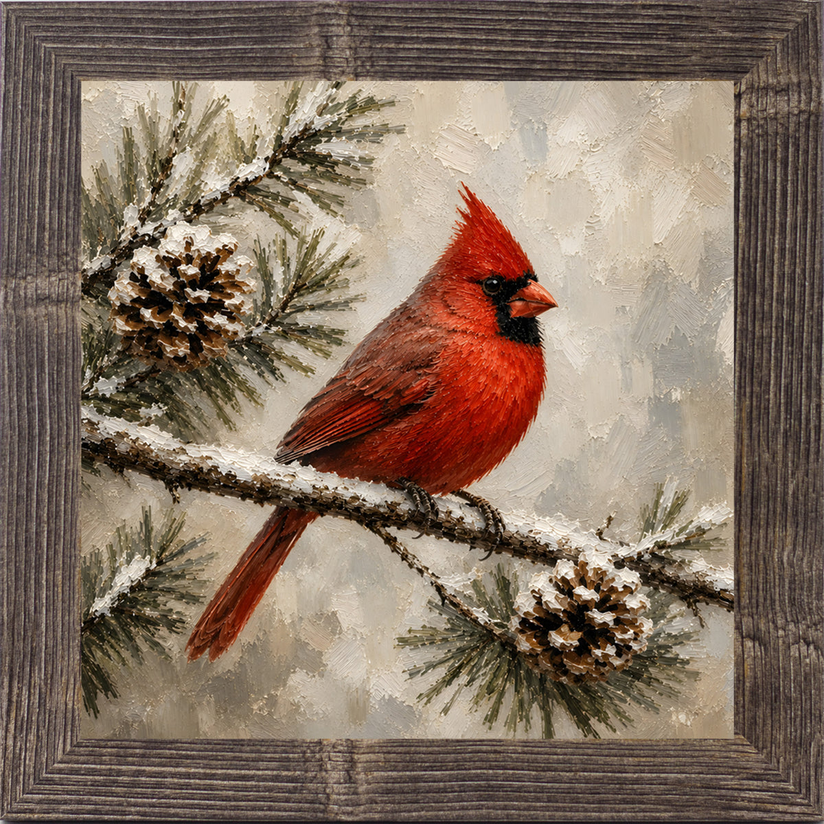 Natural brown framed square painted winter wall art featuring a red cardinal perched on a snowy pine branch with pinecones