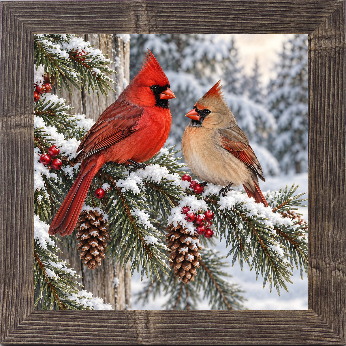 Natural brown framed square winter cardinal wall art featuring a pair of red and tan cardinals perched on a snowy pine branch with pinecones and red berries
