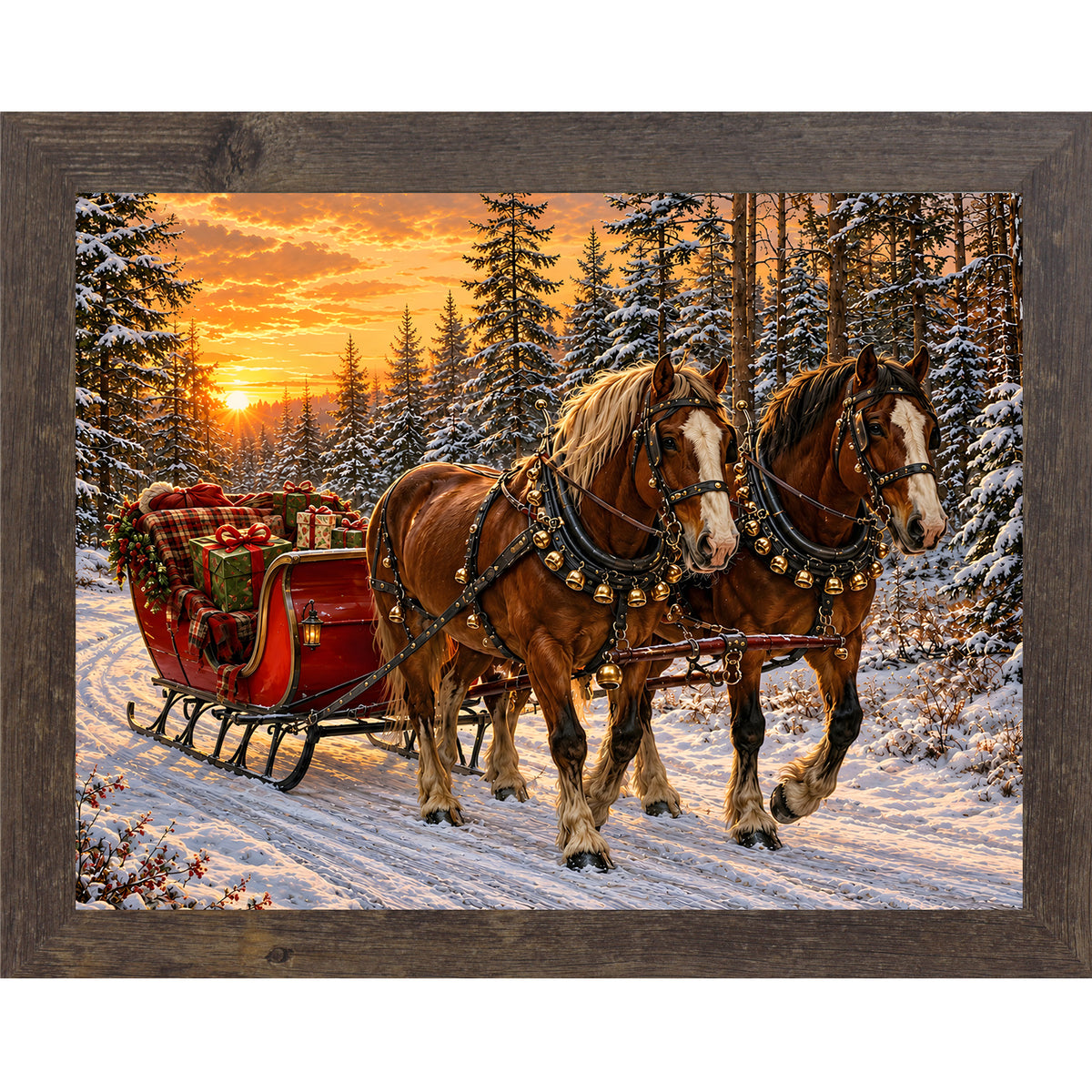 Natural brown framed landscape heritage Christmas wall art featuring two bay draft horses pulling a red sleigh piled with presents through a golden sunset forest
