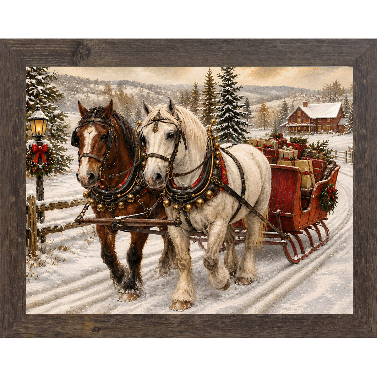 Natural brown framed landscape heritage Christmas wall art featuring two draft horses pulling a red sleigh piled with presents through a snowy country lane