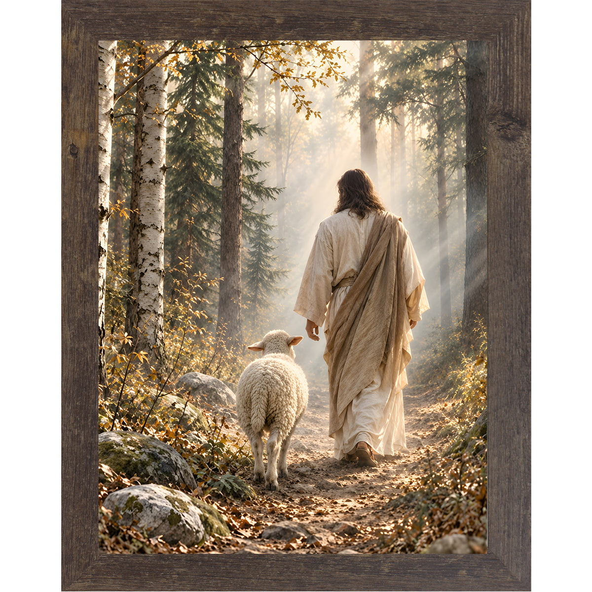 Natural brown framed portrait Christian wall art featuring Jesus walking a golden-lit forest path from behind with a white sheep at his side