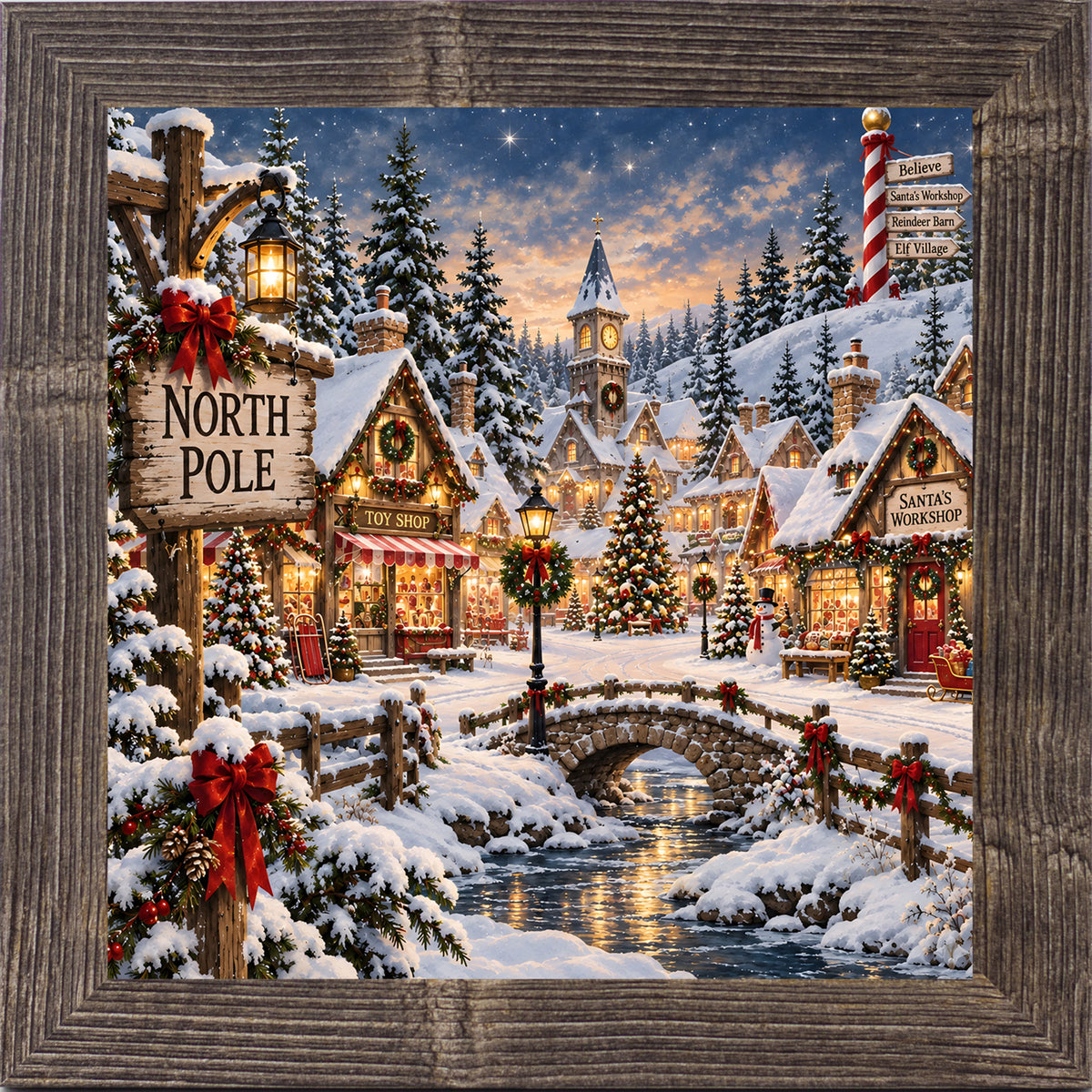 Natural brown framed square North Pole village Christmas wall art with snow-covered shops, a clock tower, and a stone bridge at twilight