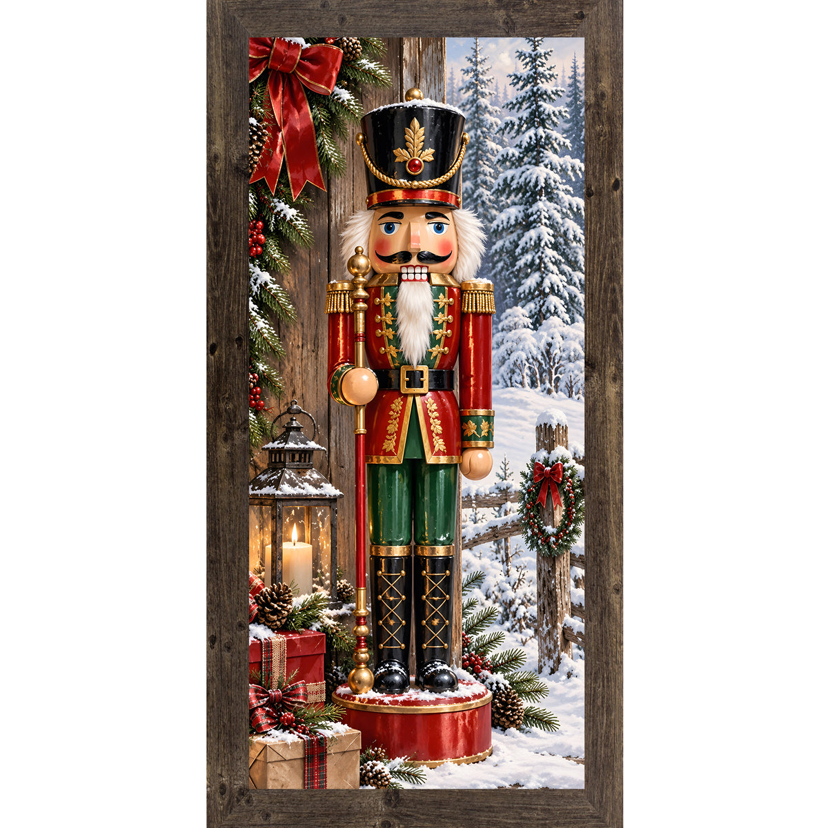 Nutcracker soldier wall art in natural brown frame, snowy village and gifts