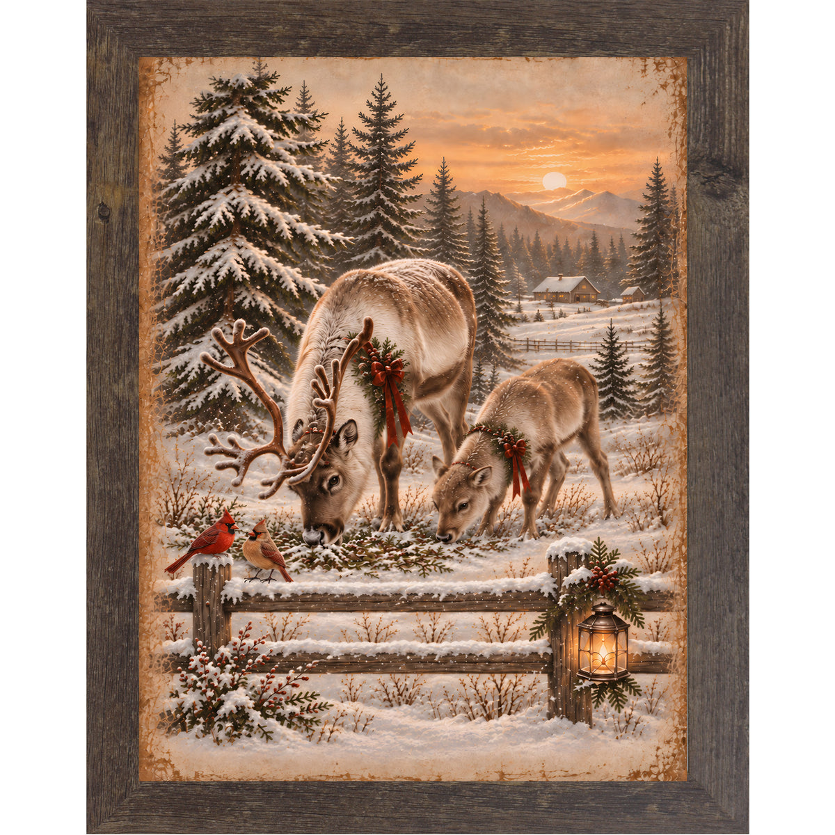 Reindeer and cardinals wall art in natural brown frame, cardinal pair at sunset