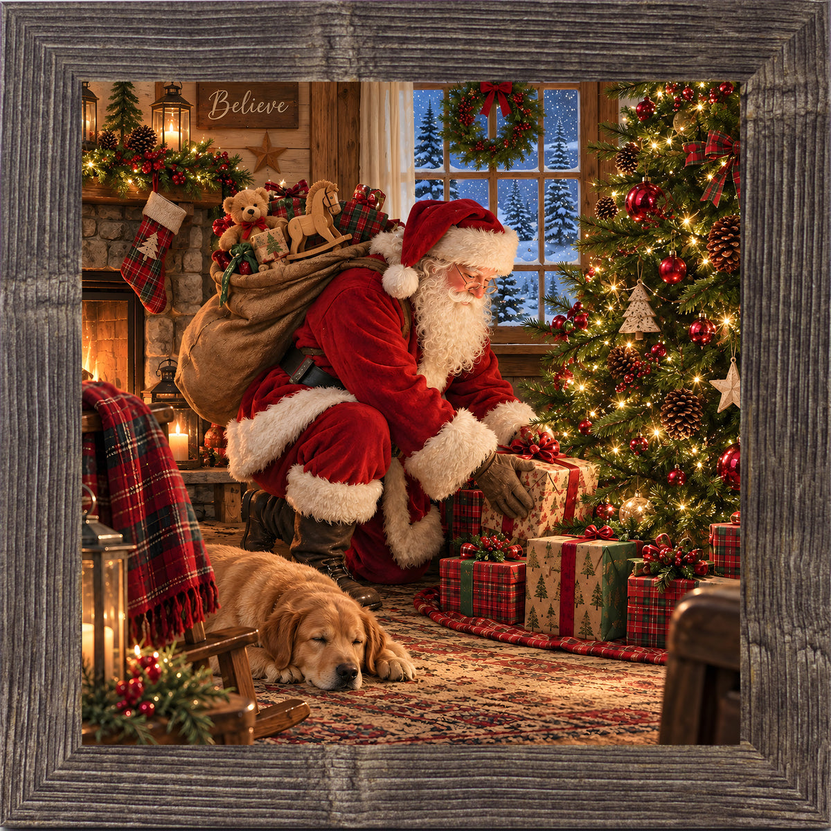Natural brown framed square Santa Claus Christmas wall art featuring Santa delivering presents beside a tree with a sleeping golden retriever puppy