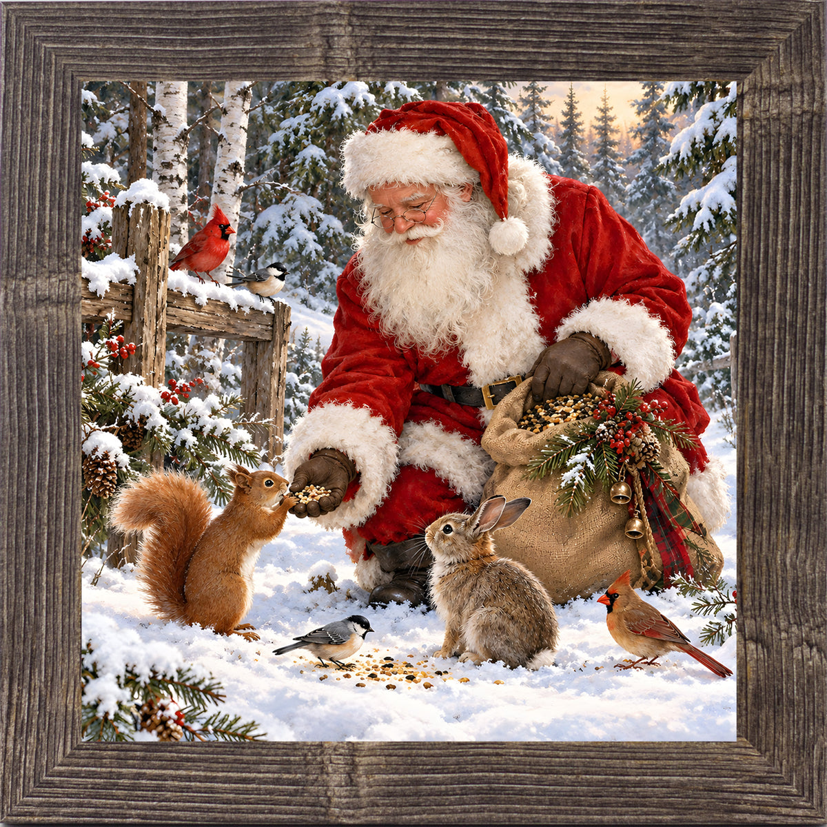 Natural brown framed square Santa Claus Christmas wall art featuring Santa feeding a squirrel, rabbit, chickadee, and cardinal in a snowy forest