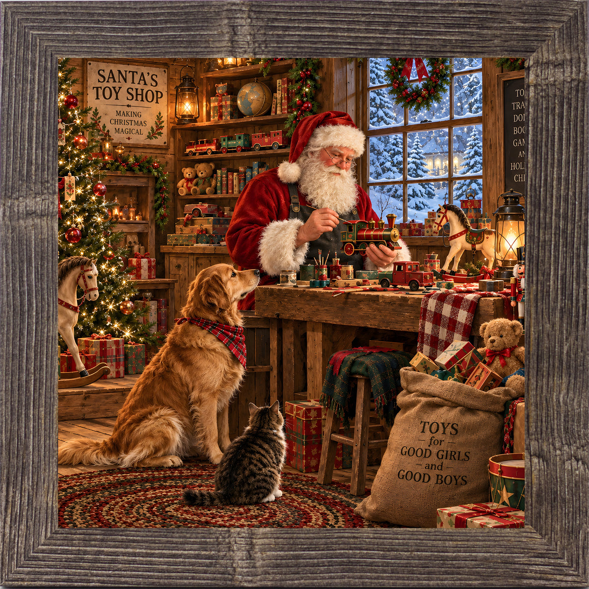 Natural brown framed square Santa's toy shop Christmas wall art featuring Santa building toys with a golden retriever and cat watching