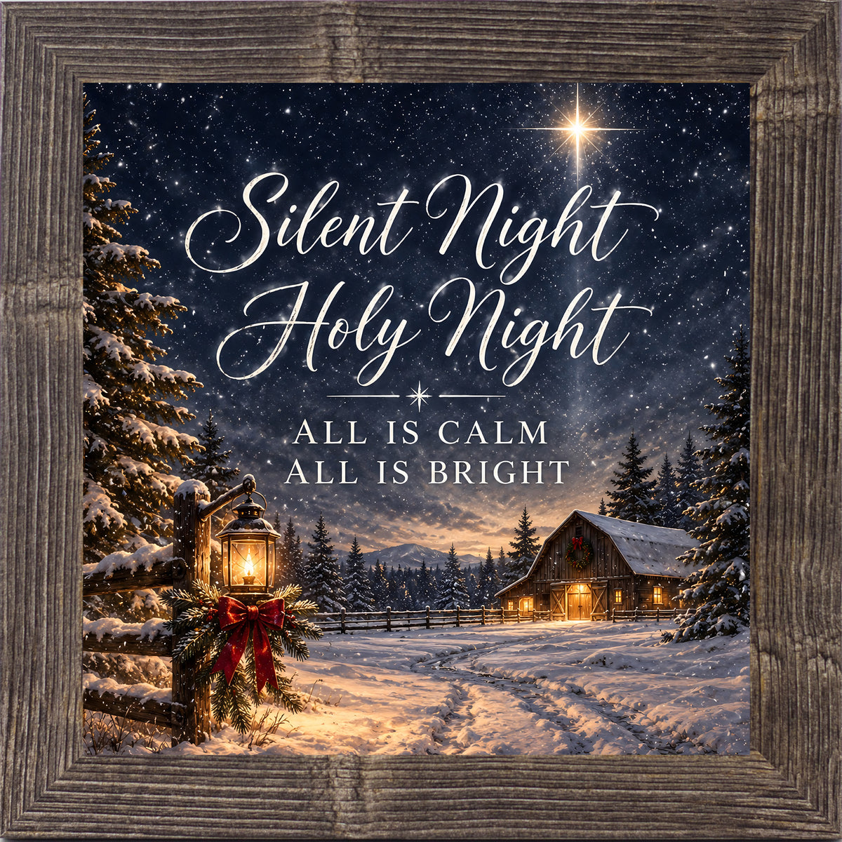 "Natural brown framed square Christmas wall art featuring a snowy barn, lantern, and Star of Bethlehem with the words Silent Night Holy Night"