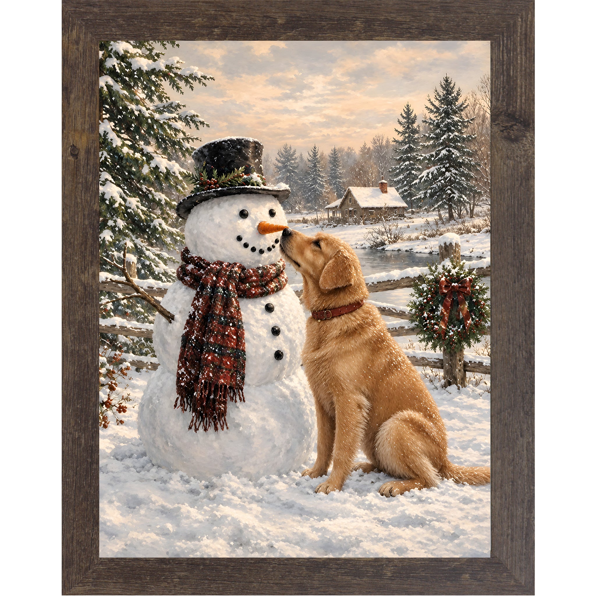 Natural brown framed portrait heritage Christmas wall art featuring a golden retriever nosing a top-hatted snowman in a plaid scarf against a snowy countryside scene