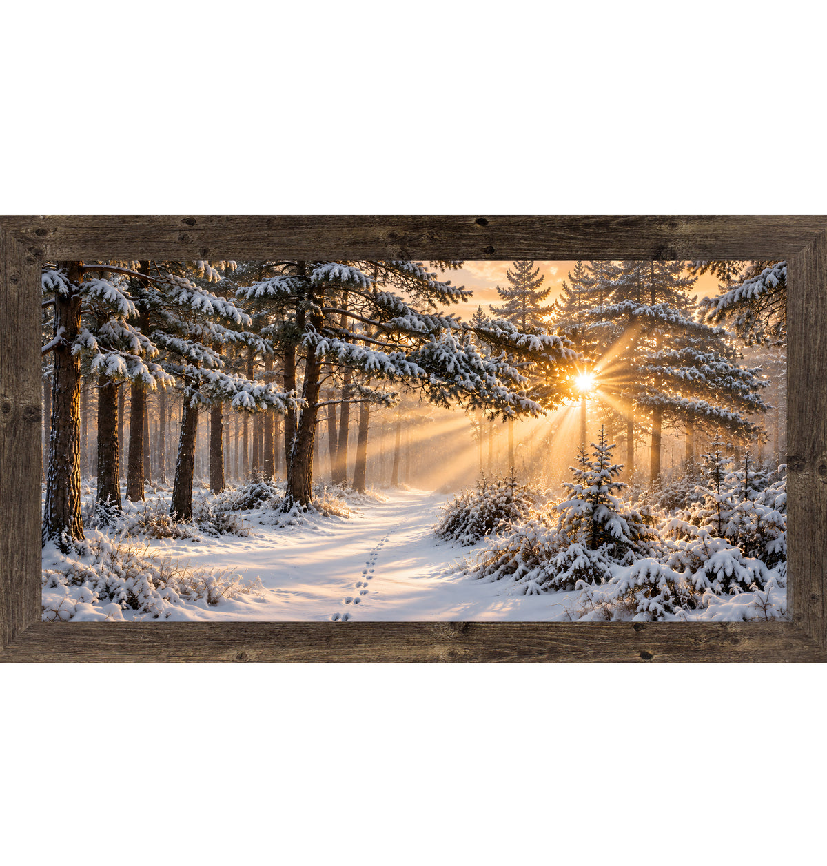 Snowy forest sunrise wall art in a natural brown frame, winter pine landscape with sunrise light