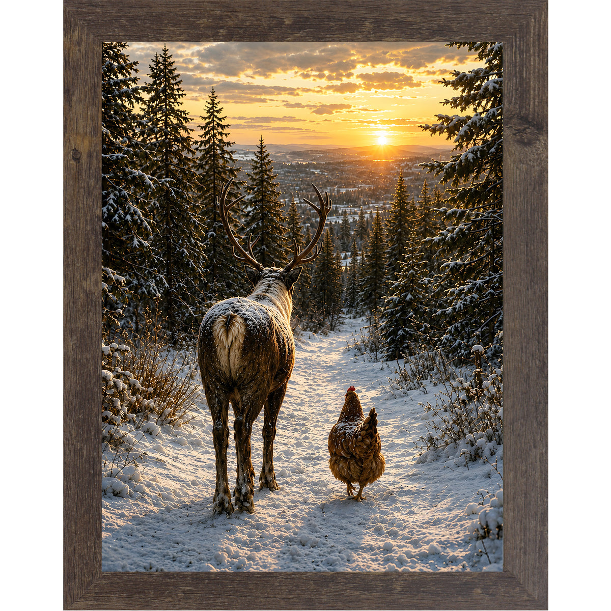 Natural brown framed portrait winter wall art featuring a stag and a hen walking down a snowy forest path at golden sunset