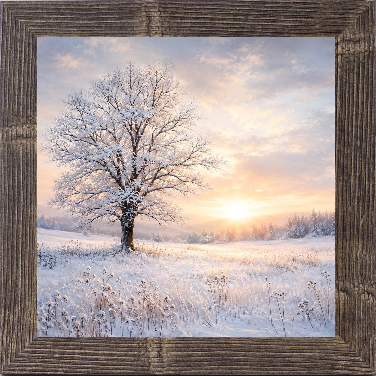 Natural brown framed square winter wall art featuring a snow-dusted tree against a glowing sunset over a snowy field