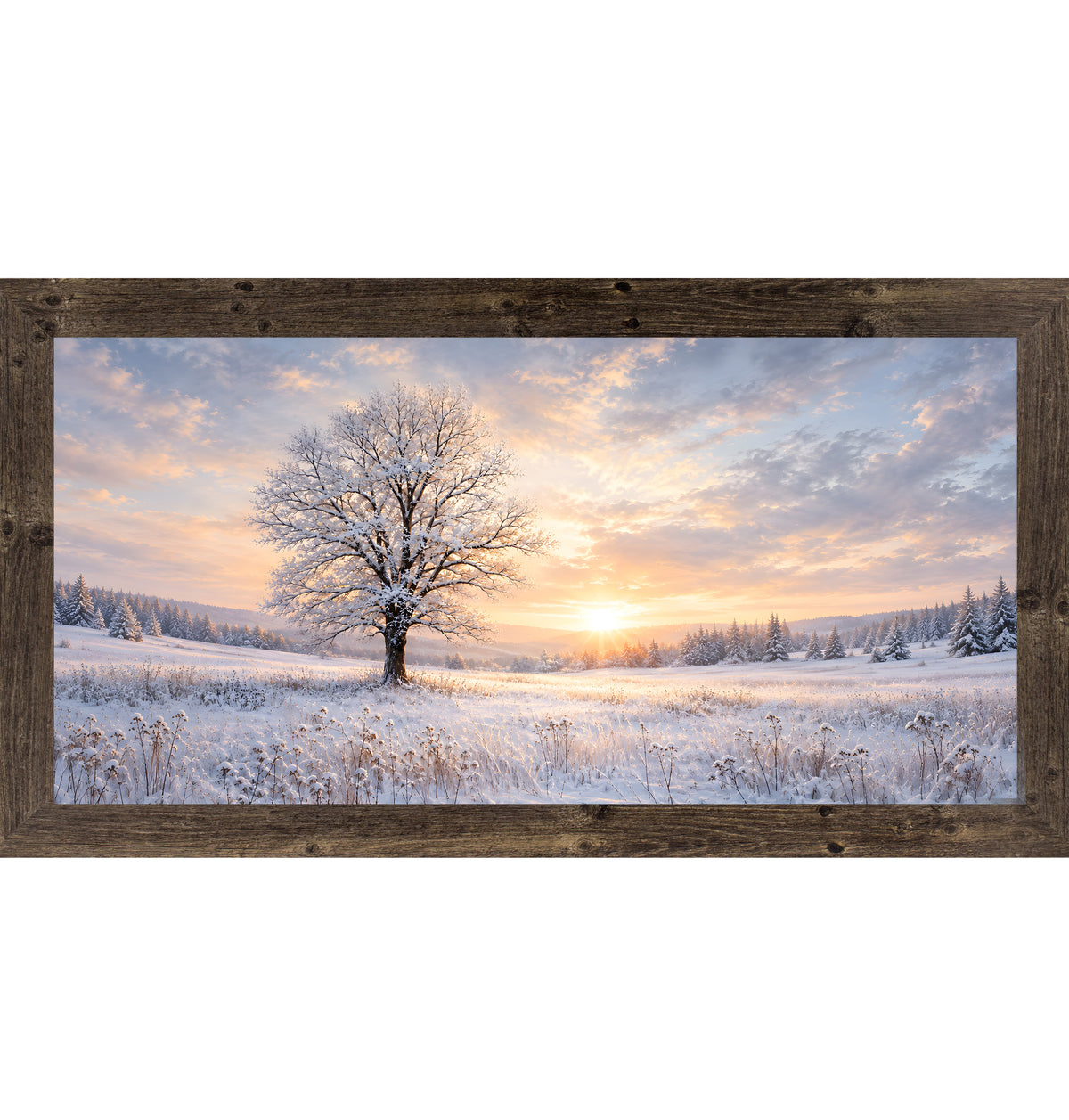 Natural brown framed wide panoramic winter wall art featuring a snow-dusted tree against a glowing sunset stretching across a snowy field