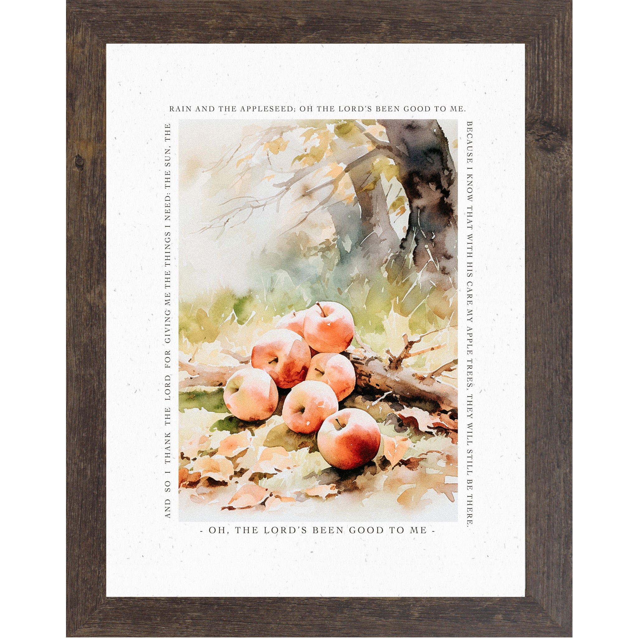 Natural brown framed portrait Christian fall wall art featuring watercolor red apples under autumn tree on golden fall leaves surrounded by complete Johnny Appleseed prayer border — Oh The Lord's Been Good To Me — SN396