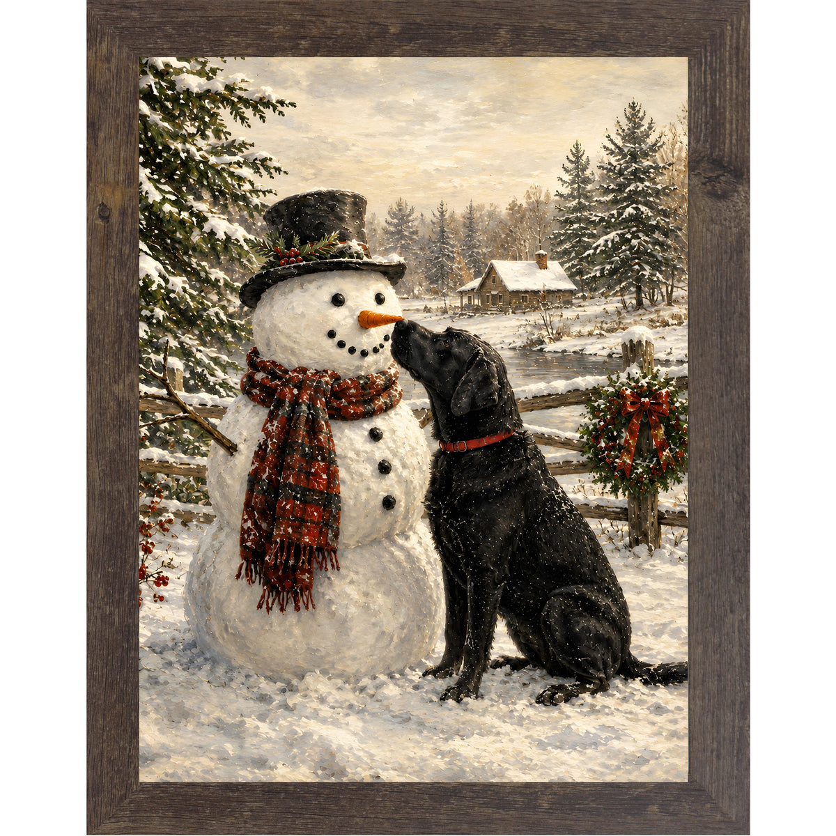 Natural brown framed portrait heritage Christmas wall art featuring a black Labrador nosing a top-hatted snowman in a plaid scarf against a snowy countryside scene