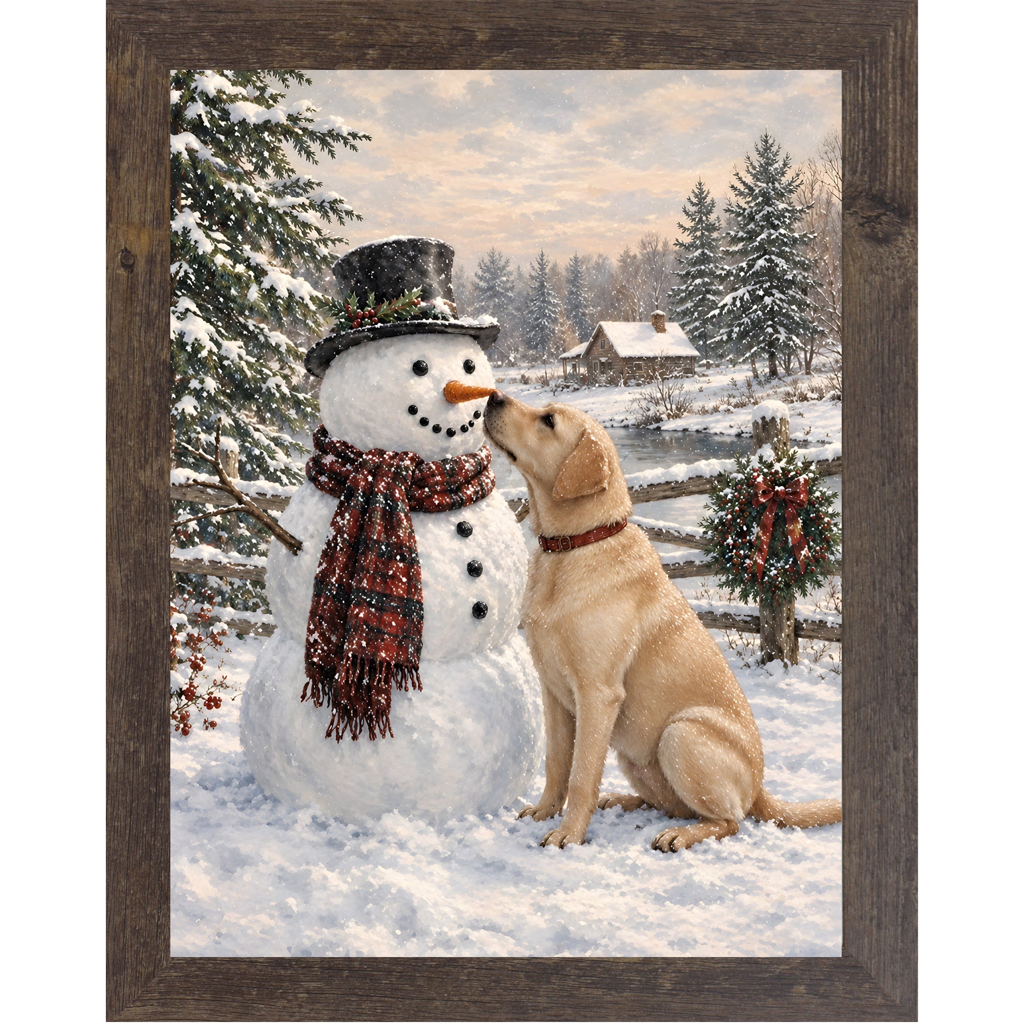 Natural brown framed portrait heritage Christmas wall art featuring a yellow Labrador nosing a top-hatted snowman in a plaid scarf against a snowy countryside scene