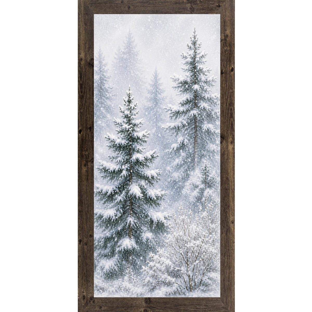 Natural brown framed narrow portrait watercolor winter wall art featuring a snowy pine forest with two tall evergreens leaning right through falling snow