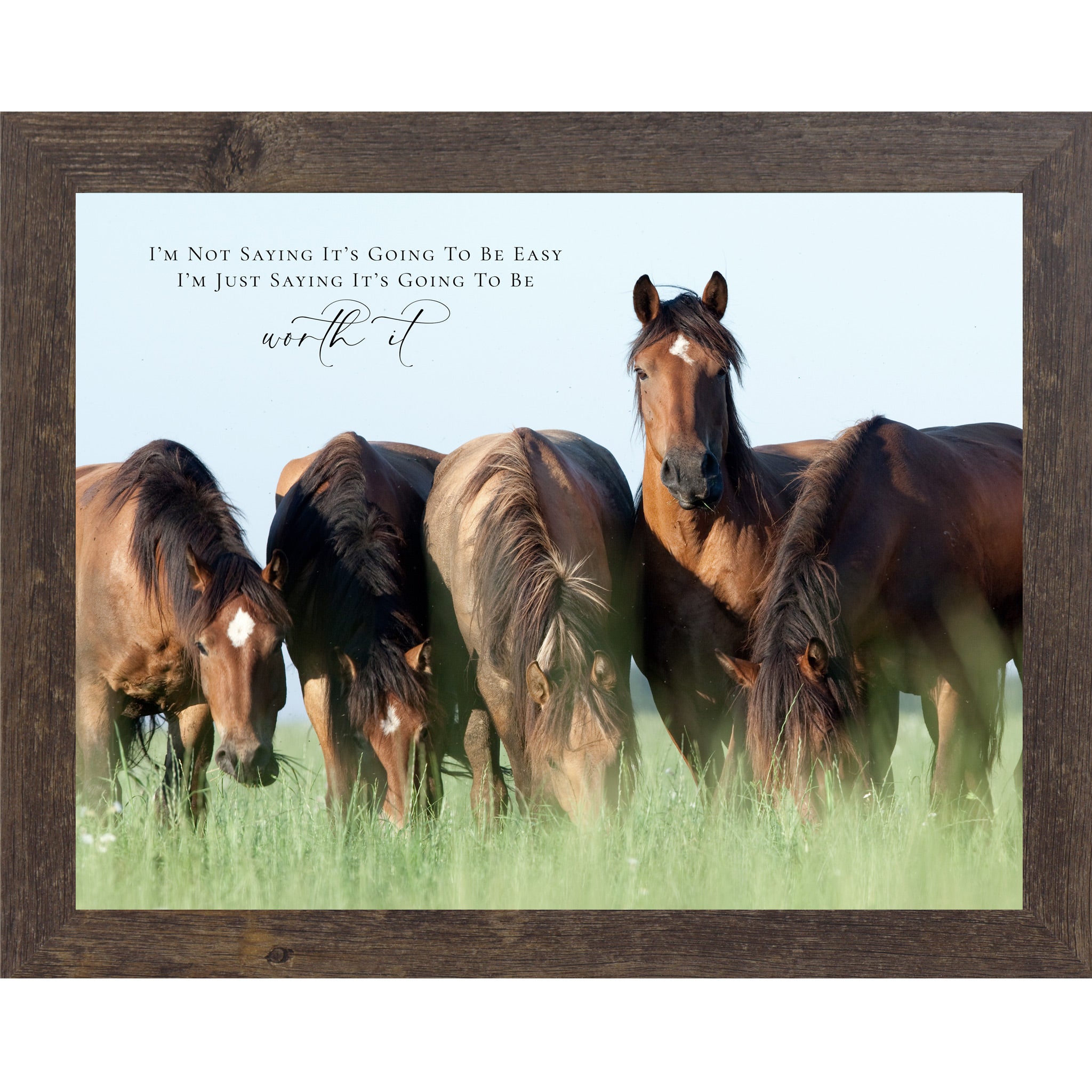 Natural brown framed landscape inspirational horse wall art with four bay horses grazing in a green summer field with the quote I'm Not Saying It's Going to Be Easy I'm Just Saying It's Going to Be Worth It