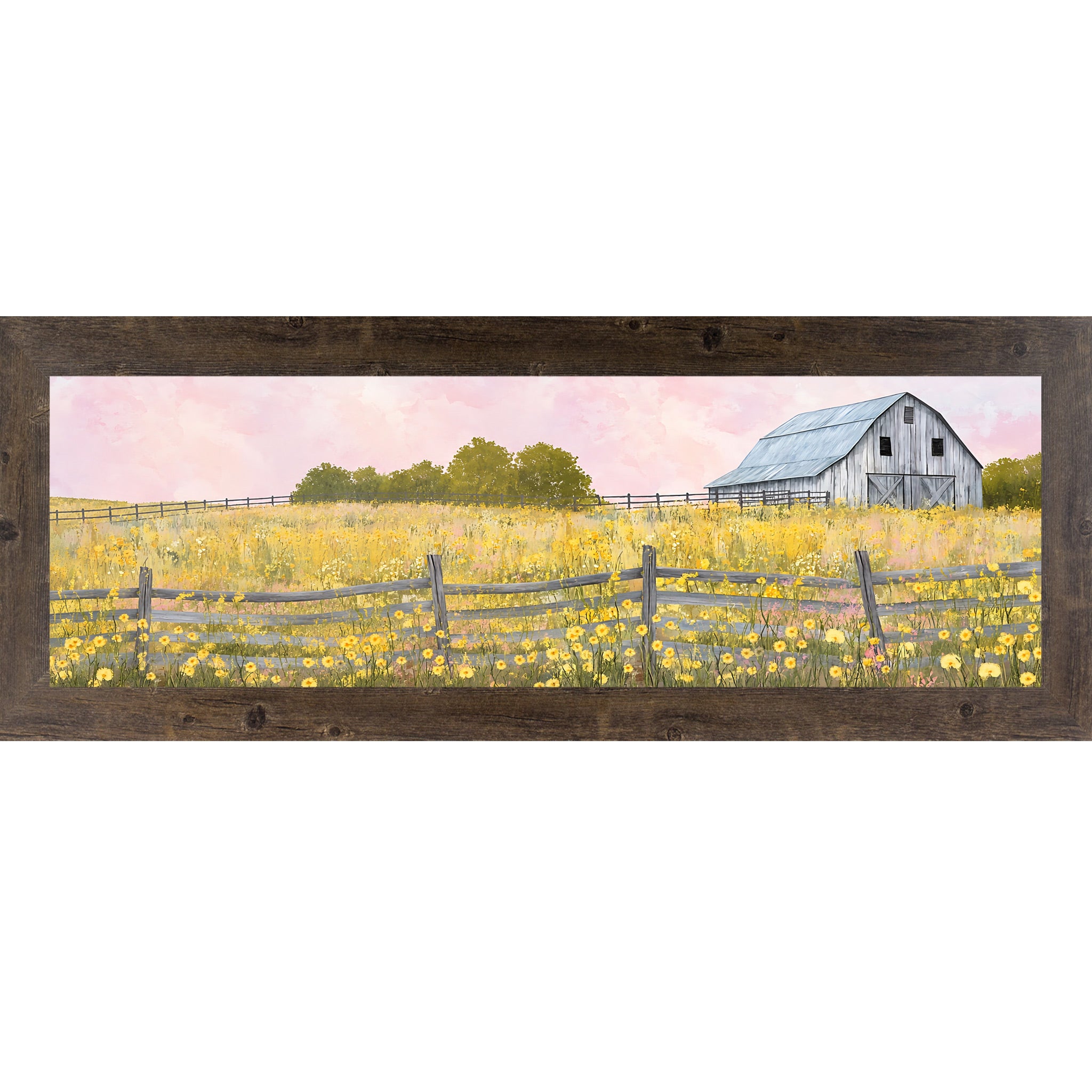Natural brown framed wide landscape farmhouse wall art featuring a watercolor gray barn in a yellow wildflower meadow with split rail fence and soft pink sky — Yellow Wildflower Barn SB950