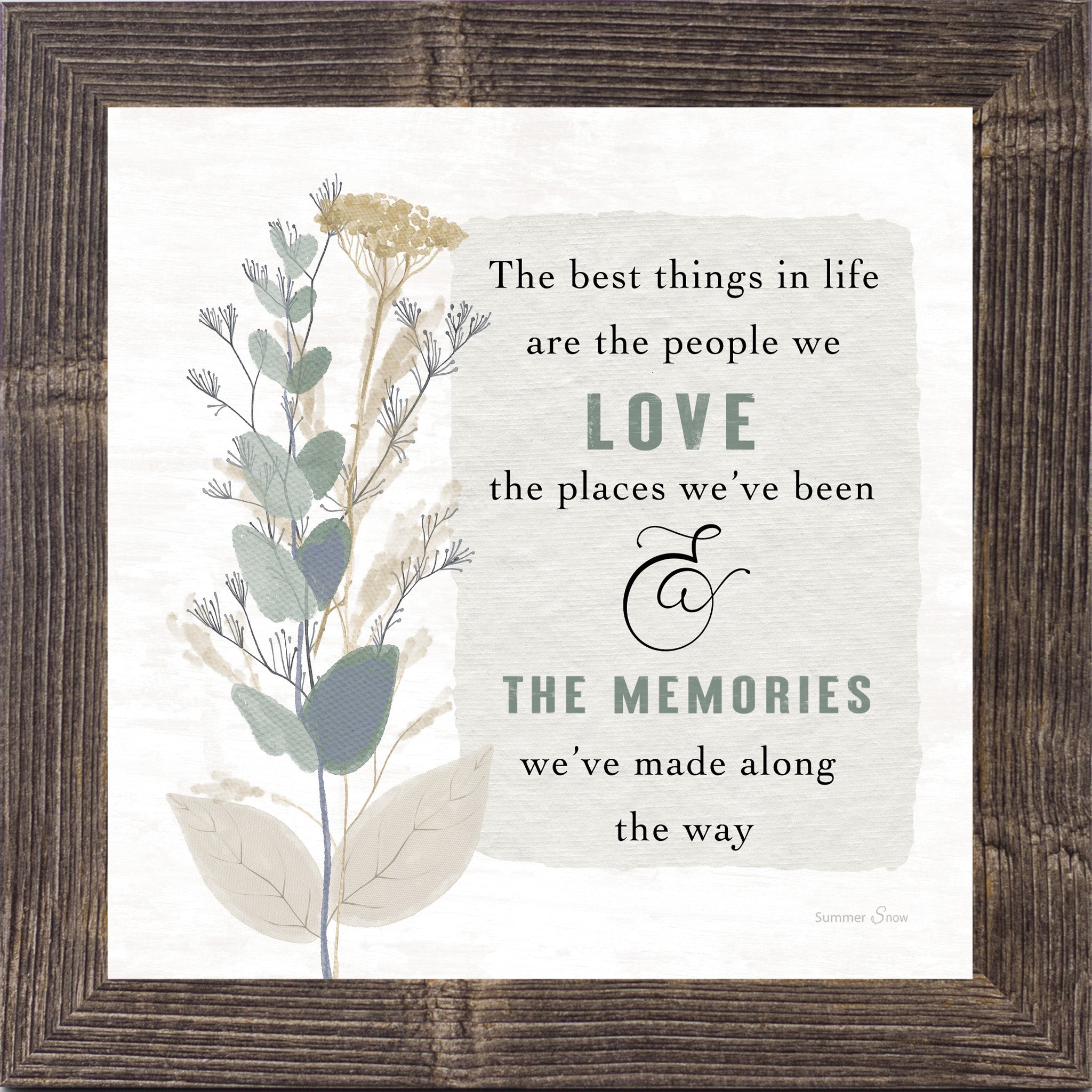The Best Things in Life – Inspirational Framed Wall Art | Meaningful Quote with Teal & Green Florals (SA62)