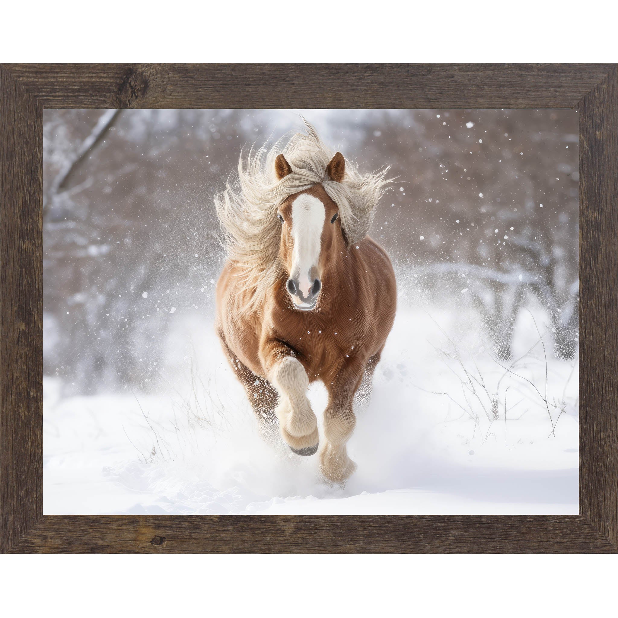 A striking winter horse wall art print featuring a horse running through falling snow. A timeless, word-free winter scene perfect for rustic, cabin, or farmhouse décor.