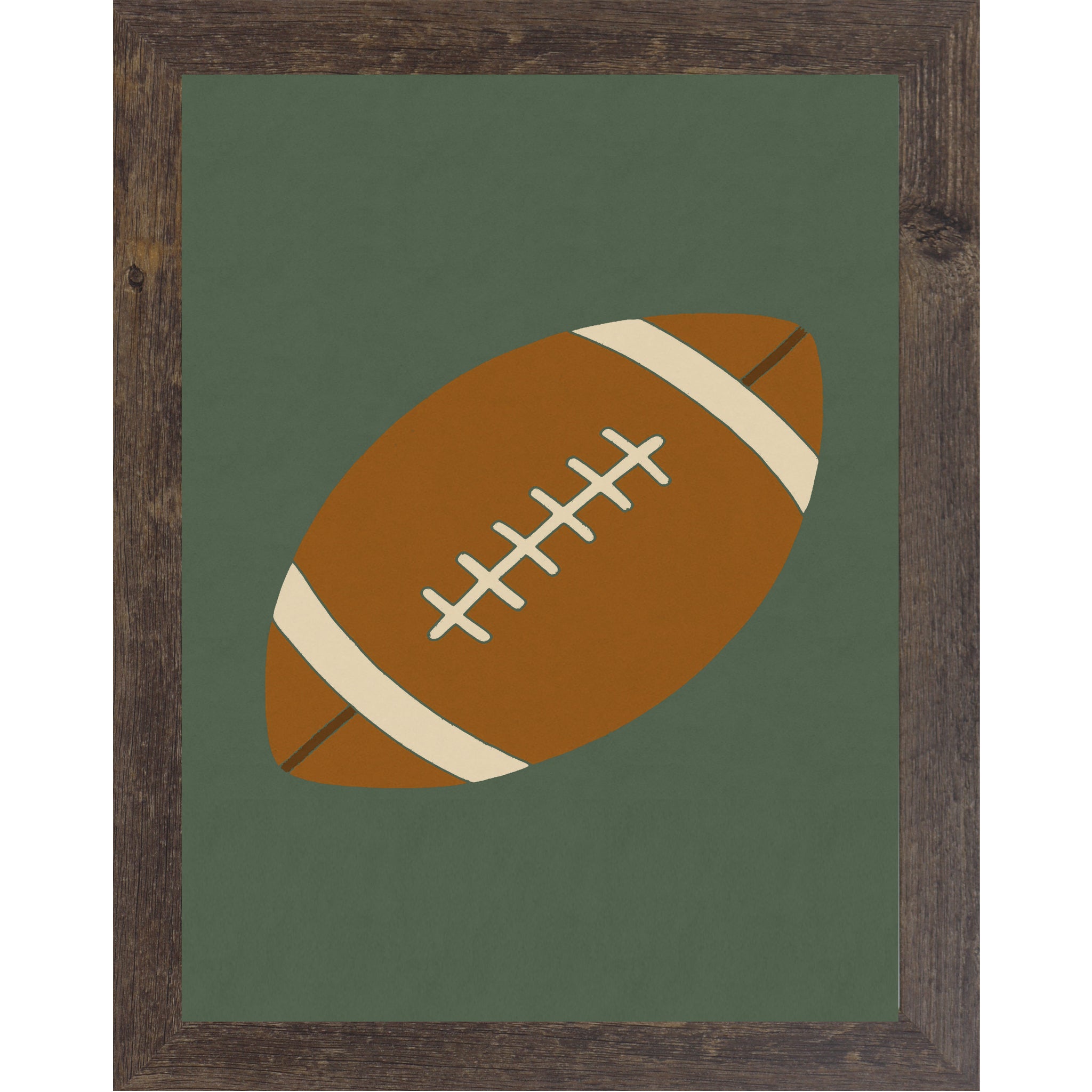 Natural brown color framed Minimalist football wall art featuring a classic football illustration on a green background in a framed design for boys room sports decor