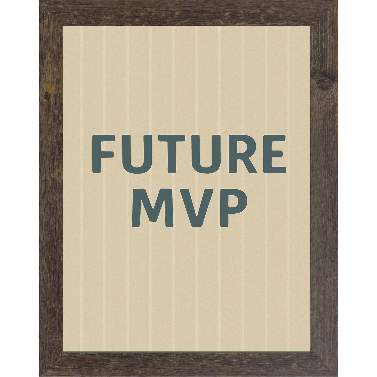 Natural brown frame color Framed sports nursery wall art reading Future MVP on striped baseball inspired background for boys room or sports themed nursery.