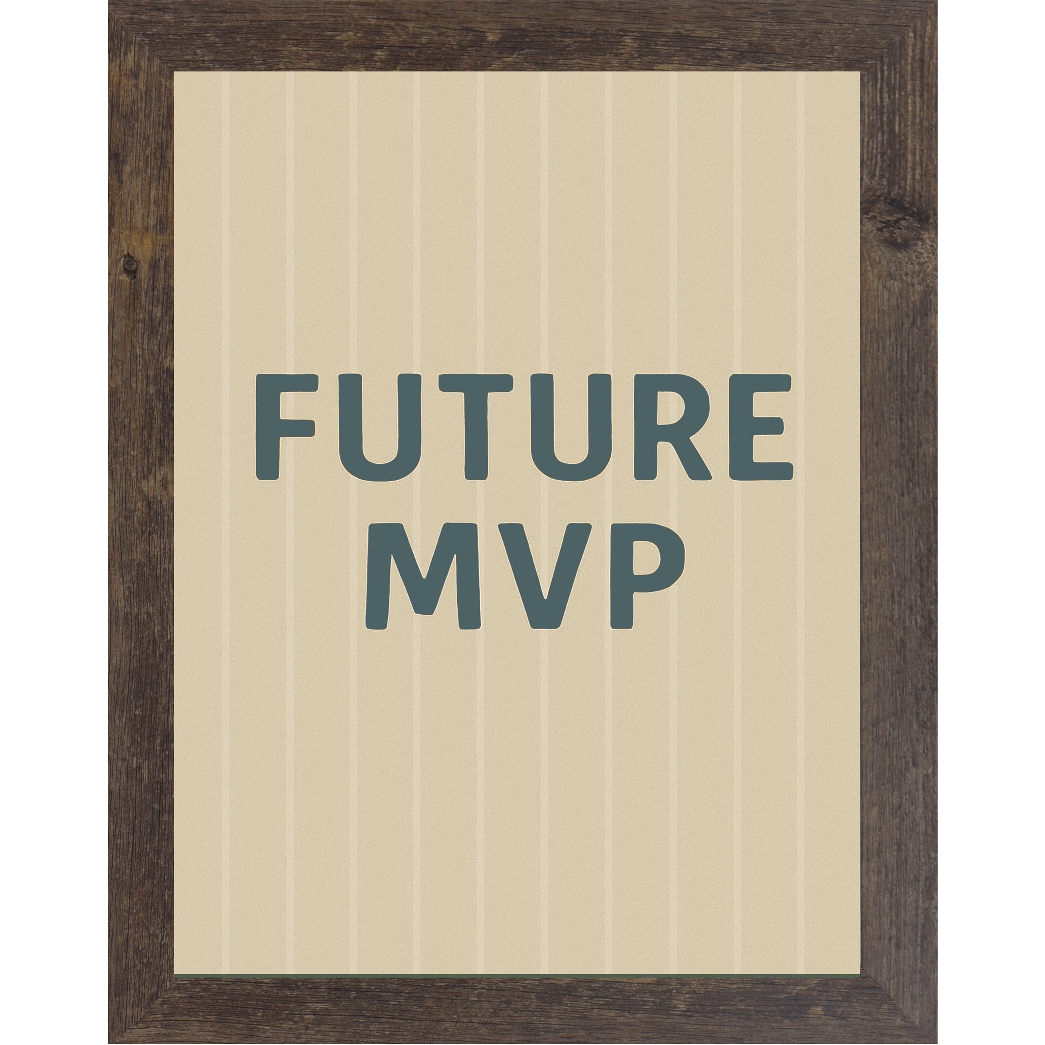 Natural brown frame color Framed sports nursery wall art reading Future MVP on striped baseball inspired background for boys room or sports themed nursery.