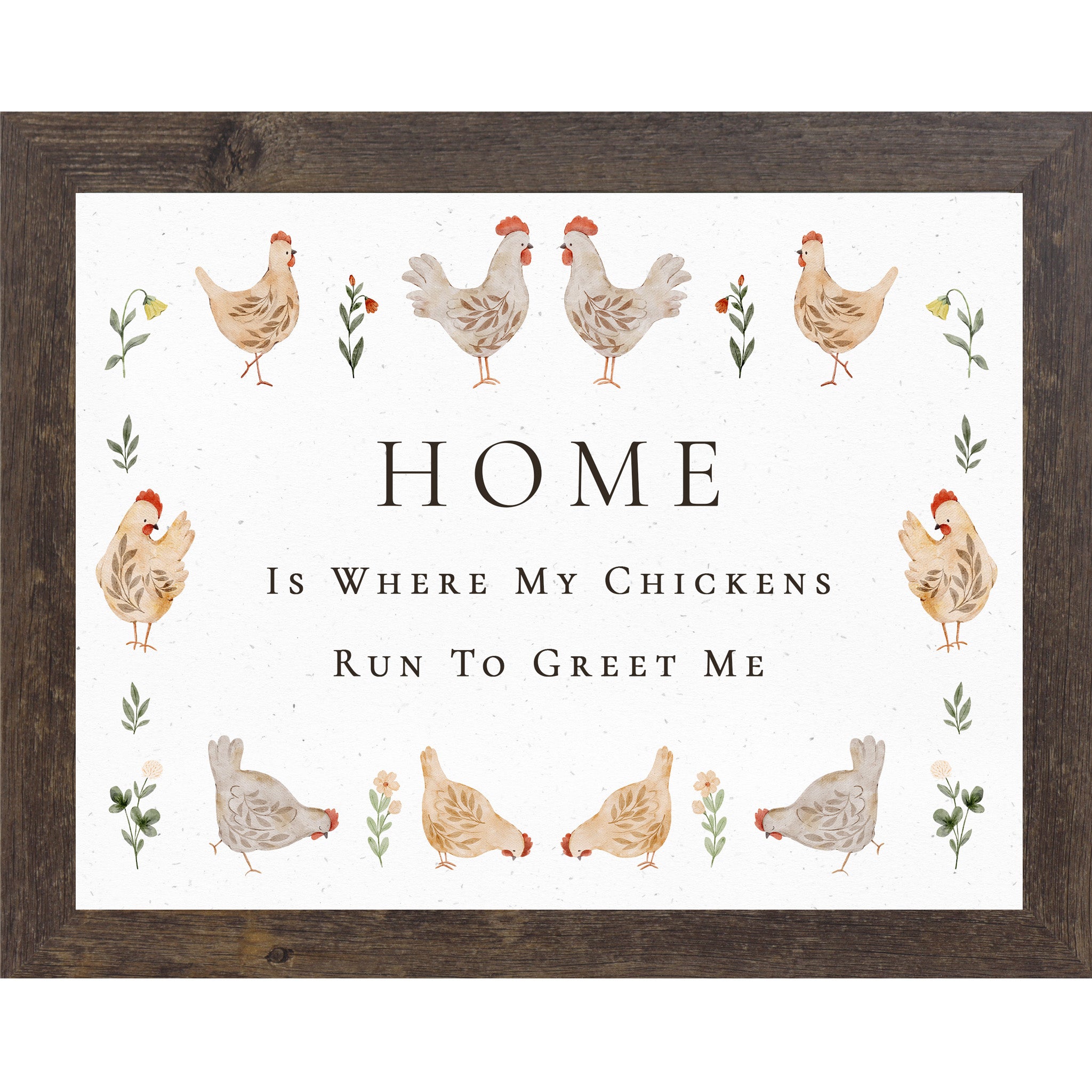 Farmhouse chicken wall art with watercolor hens and the quote Home is where my chickens run to greet me on a neutral background.