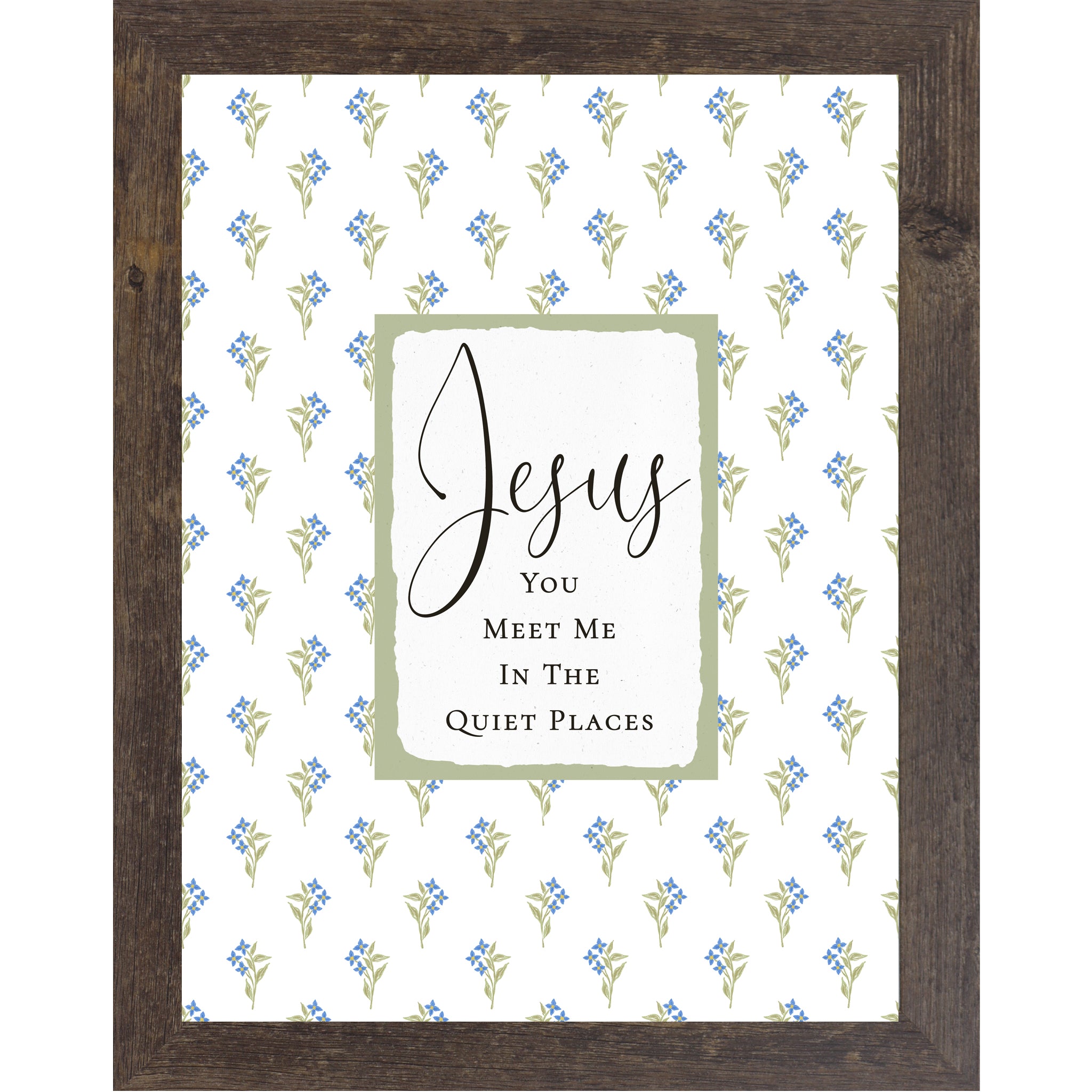 Christian floral wall art featuring blue flowers and green stems with a sage center panel reading “Jesus You Meet Me In The Quiet Places” in a vertical framed design.