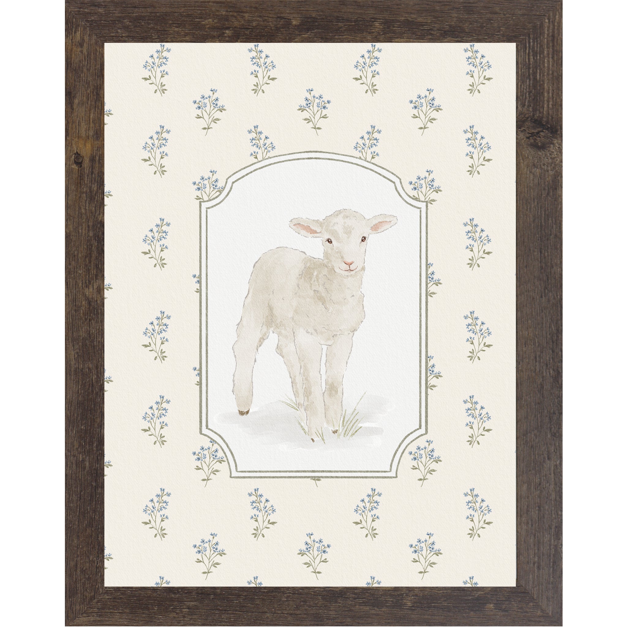 Vertical lamb wall art with soft blue florals on a neutral beige background in a framed Easter faith decor design.