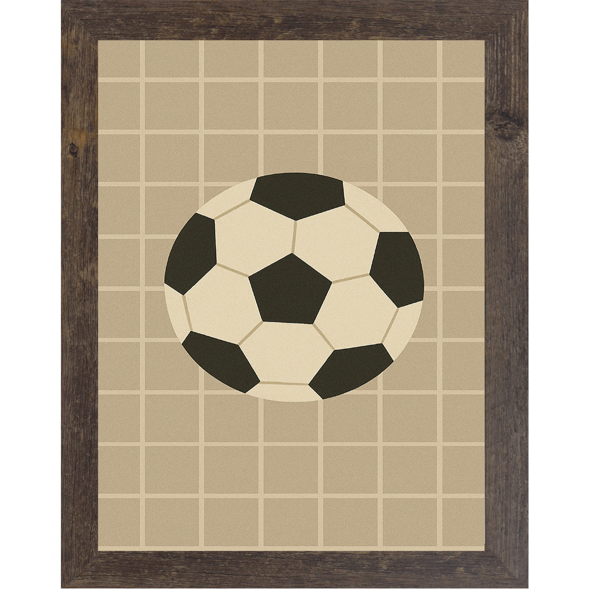 Natural Brown frame color Soccer ball wall art featuring a black and white soccer ball centered on a tan grid background.
