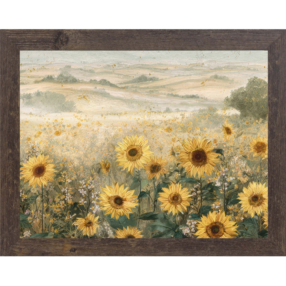 Wide framed sunflower wall art featuring a field of golden sunflowers across rolling hills in a soft watercolor landscape, scenic floral decor with no text.