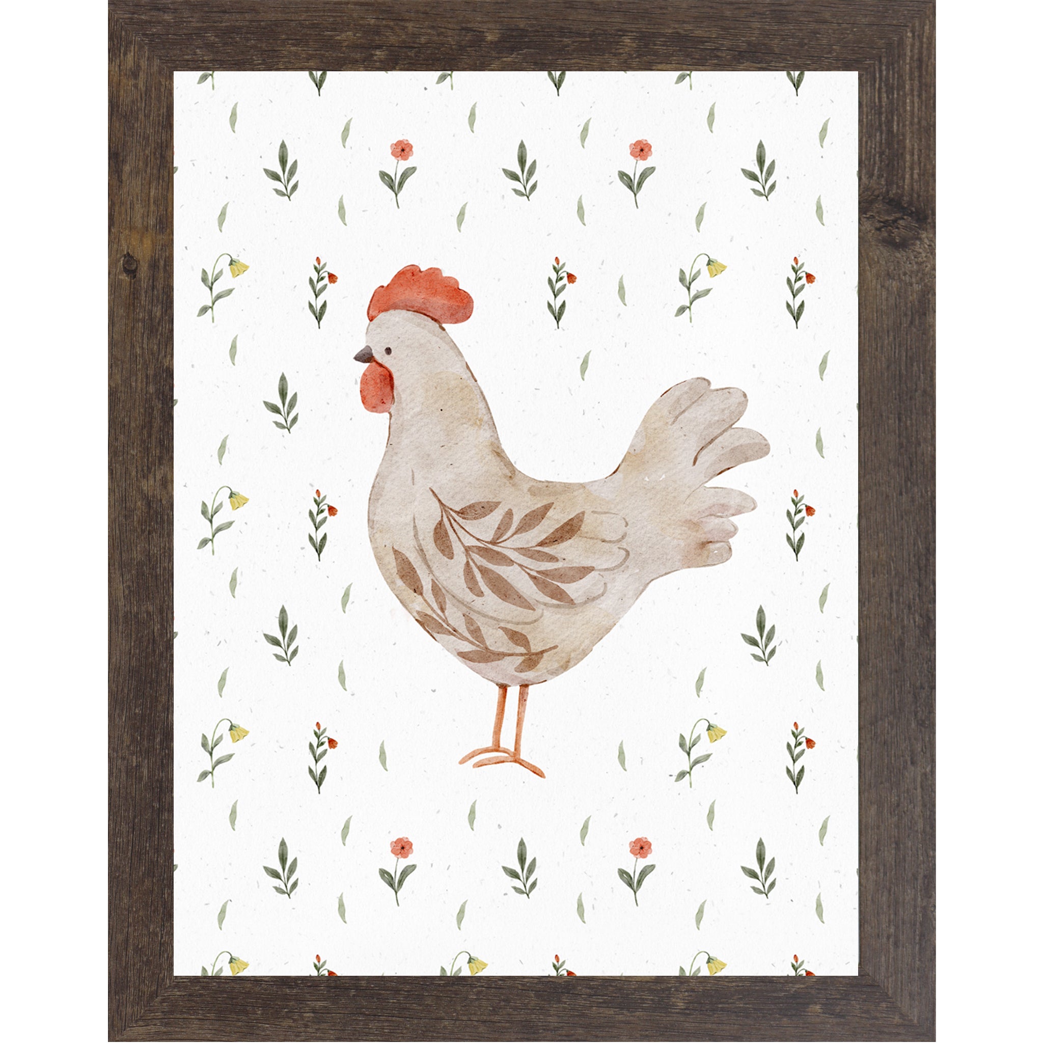 Left facing watercolor hen wall art with neutral farmhouse chicken illustration and delicate florals.