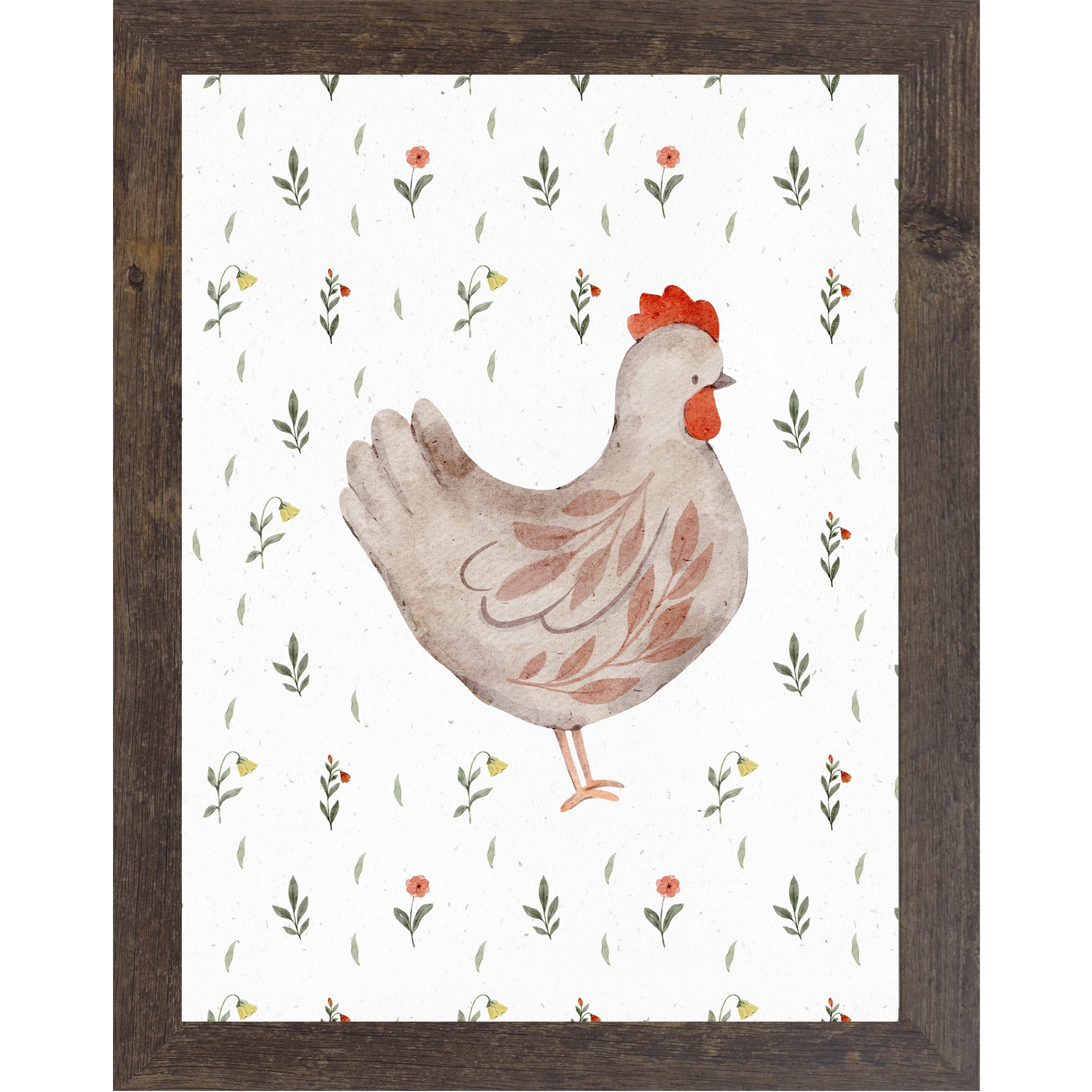 Right facing watercolor chicken wall art with neutral hen illustration and small florals on a farmhouse white background.