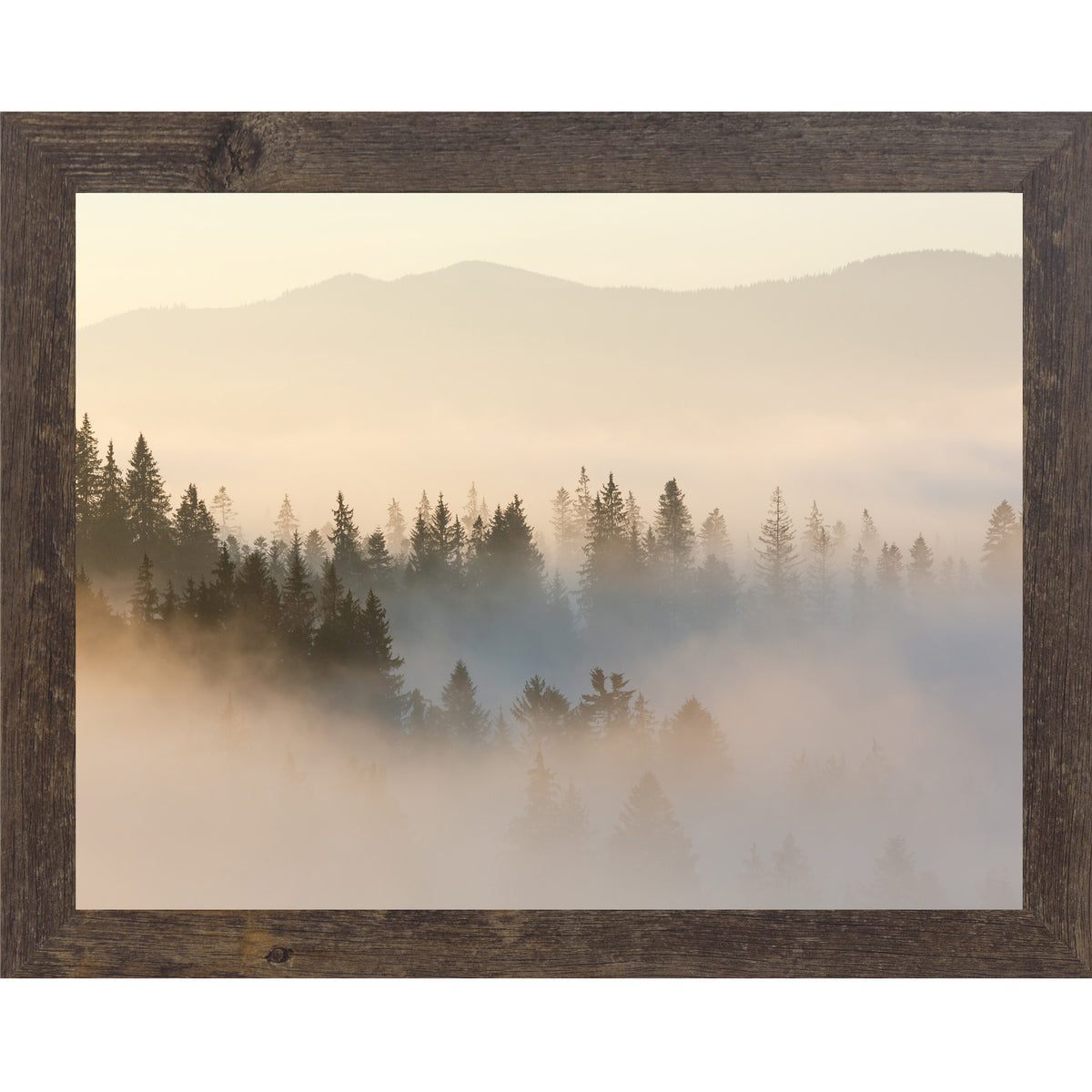 Misty mountain forest wall art featuring layered evergreen trees in golden morning fog with soft neutral tones and horizontal composition.