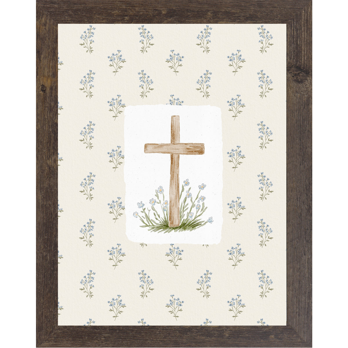 Vertical wooden cross wall art with soft blue florals on a neutral beige background in a framed Christian decor design.