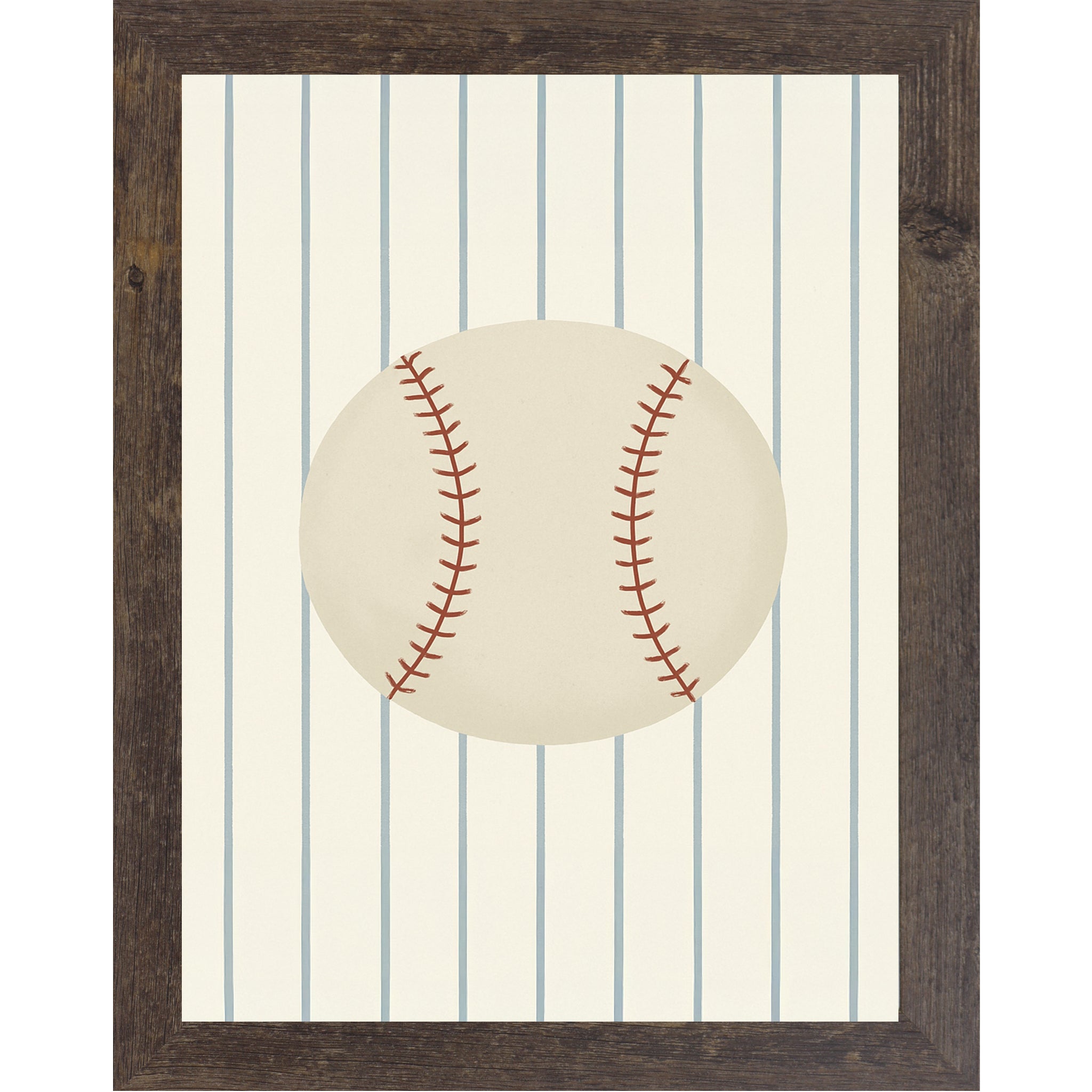 Natural brown framed portrait baseball wall art featuring a vintage cream baseball with red stitching centered on soft blue pinstripes — SB204